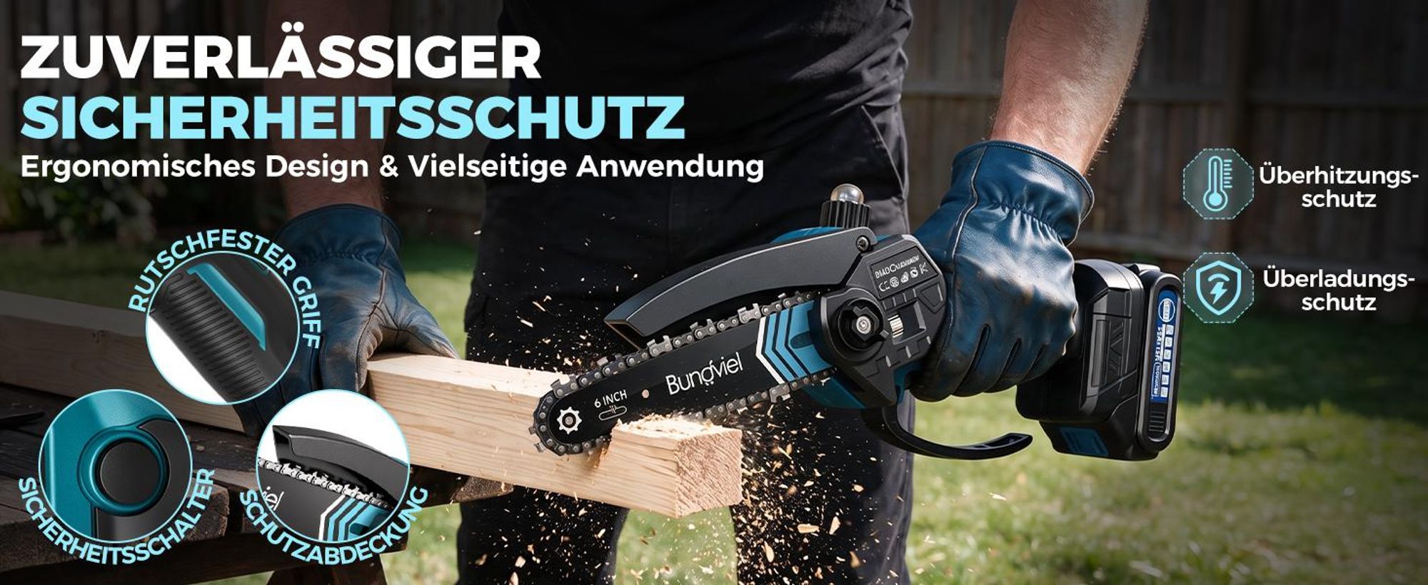 6+8 Zoll Akku-Kettensäge 2x 21V 2000mAh, mini kettensäge mit akku & bürstenlosem Motor,inkl. 2 Akkus, Ladegerät &  Ersatzketten