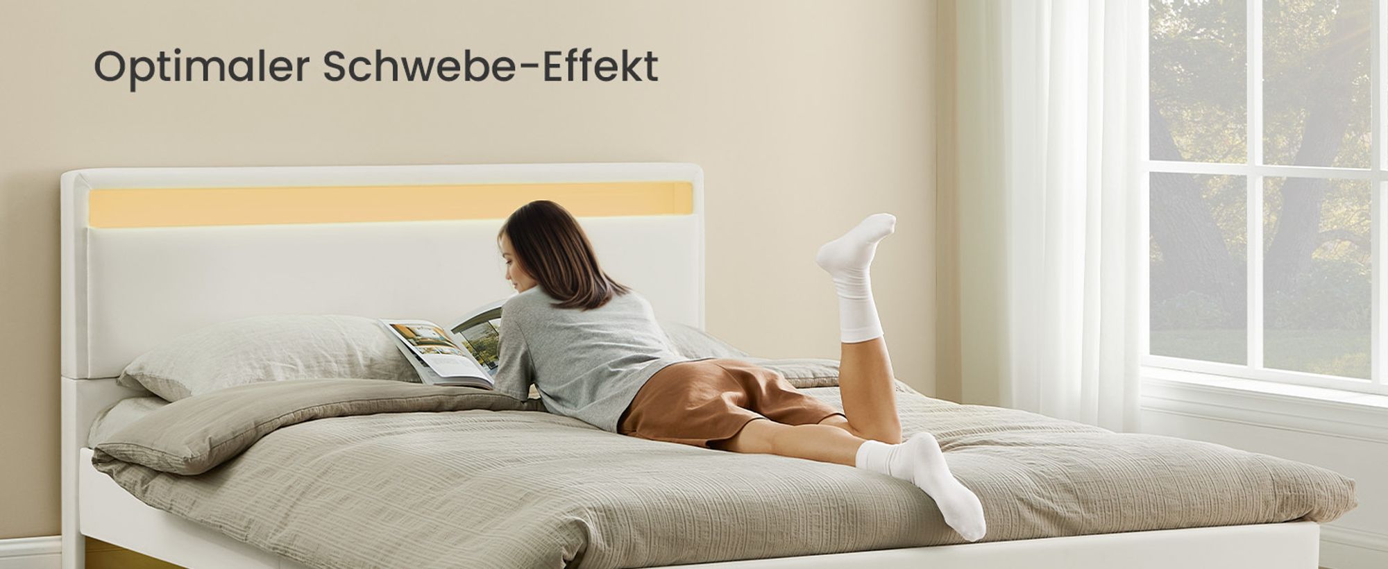 VASAGLE Bettgestell, Doppelbettgestell, 140 x 200 cm, schwebender visueller Effekt, Bett mit LED-Beleuchtung, hohem Kopfteil, Ladestation, modern