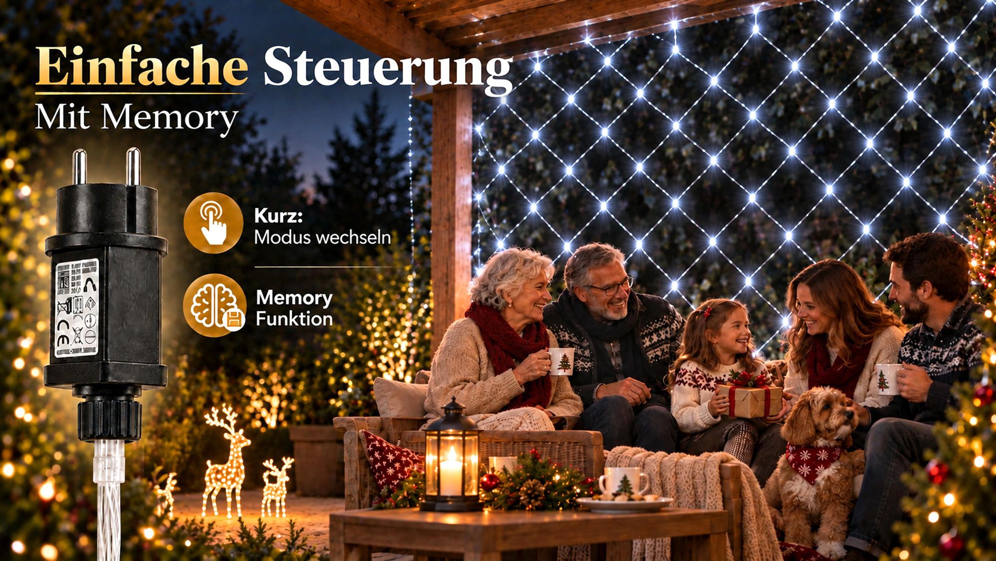 2X2m 144 LED Lichterkette Netz Lichternetz Weiß 8Modi Speicherfunktion Stecker für Büsche Garten Weihnachtsbaum Party Weihnachten Beleuchtung Deko