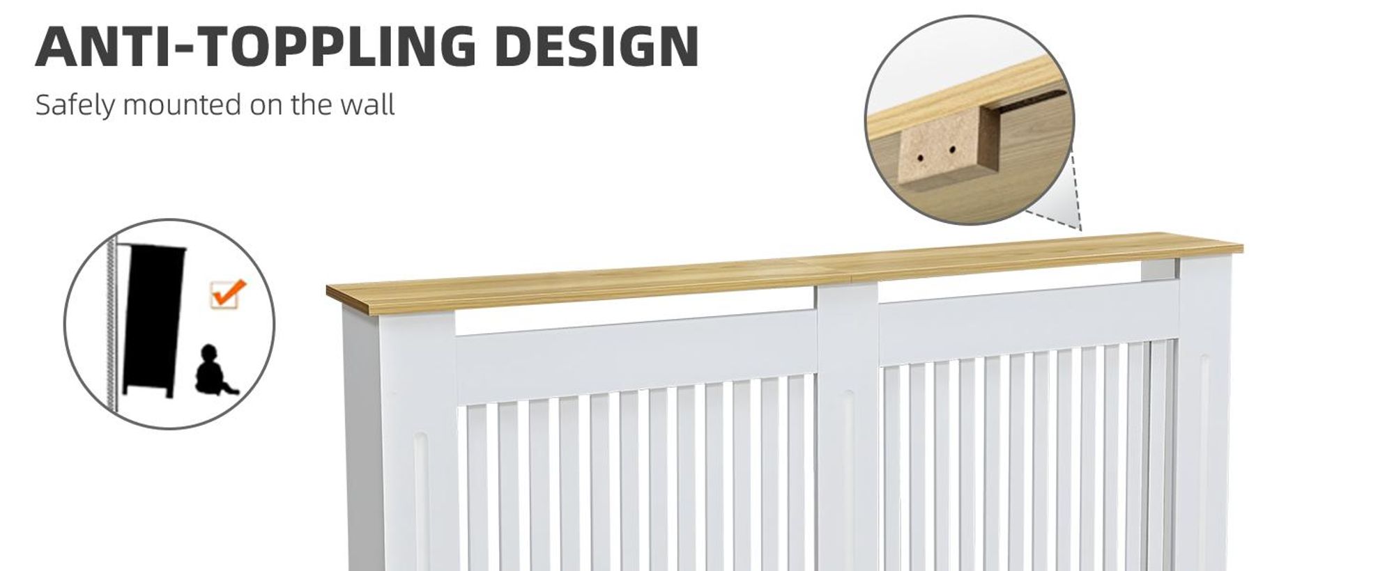 FATIVO Heizkörperverkleidung 152x20x83 cm- Heizkörperabdeckung in Weiß mit Holzmaserung, aus verdicktem MDF, Vertikale Lamellen