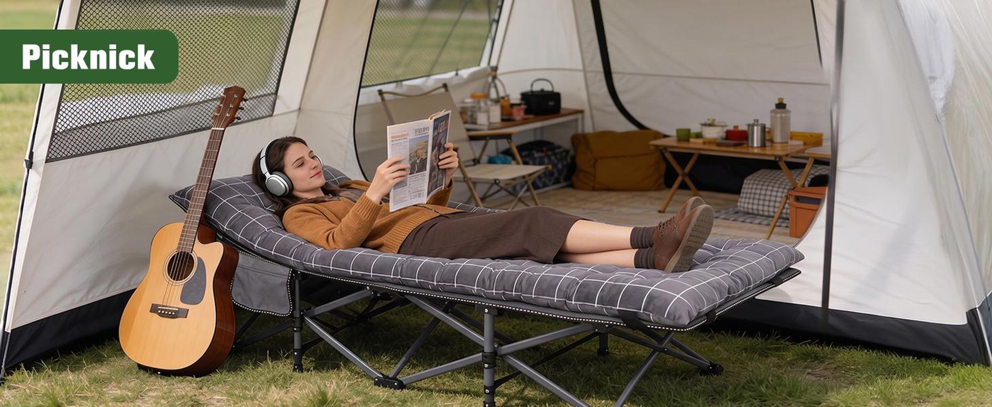 Sekey Tragbares Feldbett mit Matratze, Feldbett Klappbett Tragfähigkeit 200KG Campingbett für Indoor, Outdoor, Camping und Reisen, Blau-Kariert