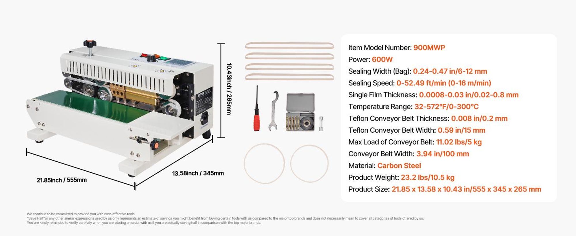 VEVOR Kontinuierliche Beutelbandversiegelungsmaschine, 0,24-0,47 Zoll/6-12 mm Versiegelungsbreite, Horizontale Bandversiegelungsmaschine mit digitaler Temperaturregelung, Beutelversiegeler für 0,02-0,8 mm Plastiktüten, Inflationsfunktion, Kein Counter-a, Ohne Inflationsfunktion