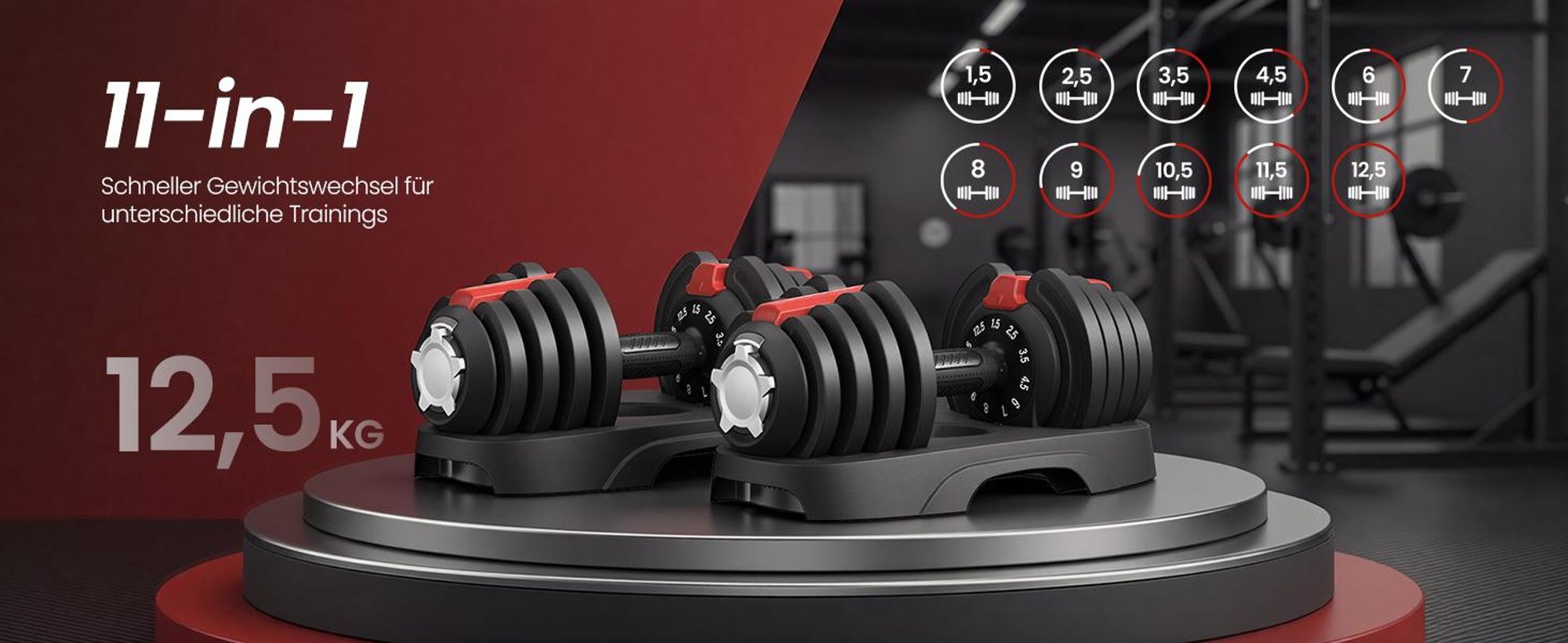 SONGMICS Kurzhanteln 2er set, verstellbar, 11-in-1, 1,5 kg bis 12,5 kg, mit Ständer, schwarz-rot