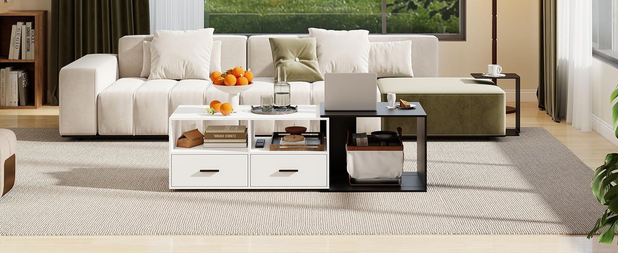 Puluomis Ausziehbarer Couchtisch mit Schublade, Kaffeetisch mit Farbblock Design und Rollen Schreibtisch Sofatisch für Wohnzimmer schwarz weiß