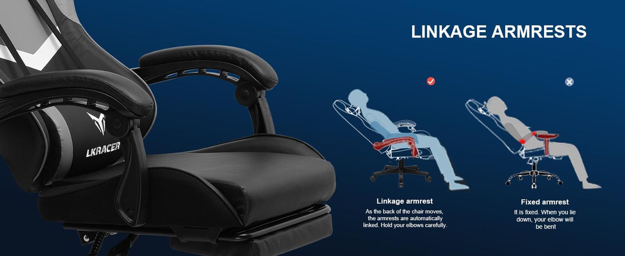 LUCKRACER fotel gamingowy fotel biurowy fotel gamingowy ergonomiczny z poduszką lędźwiową poduszką zagłówka fotel gamingowy z regulacją wysokości udźwig 150 kg, podnóżek szary