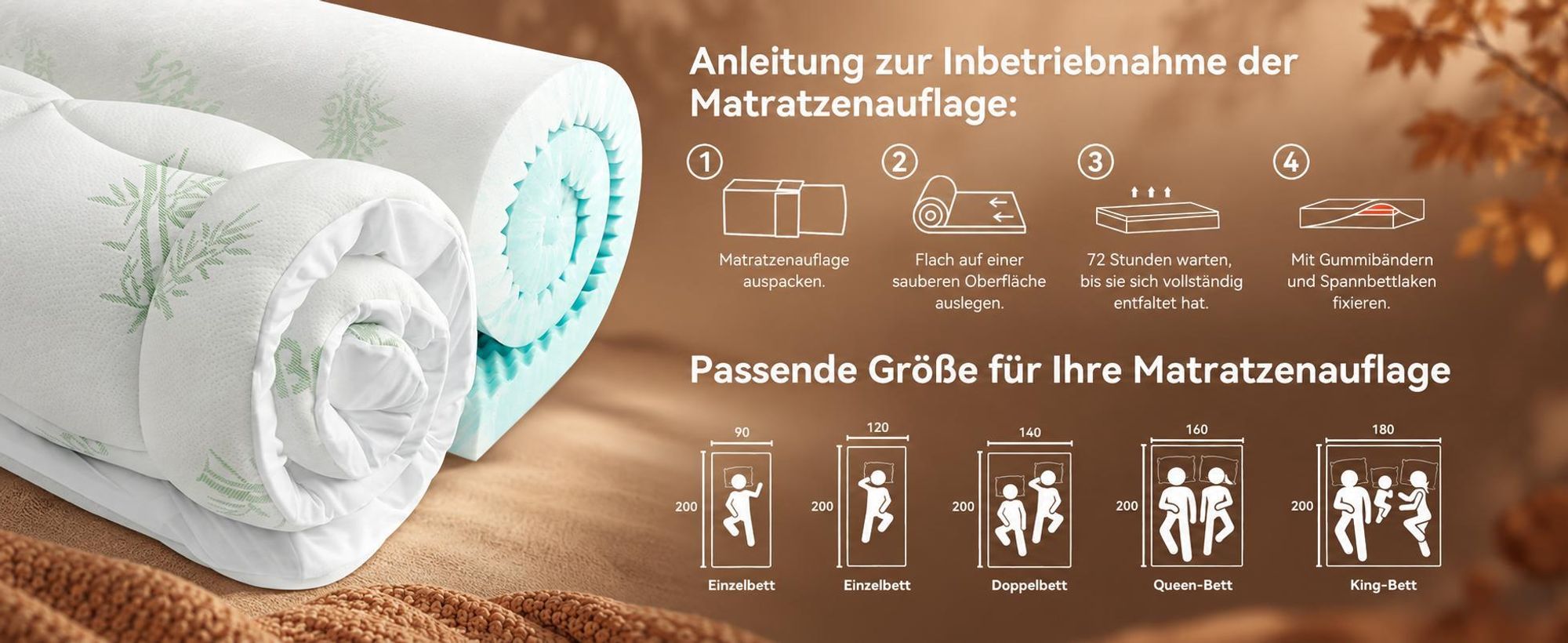 NicePlus 2-in-1 Topper, 180x200X10cm, 5-Zonen Memory Foam + Bambus-Pillow-Top, mit Eckgummis für alle Matratzen, H2/H3, Grün