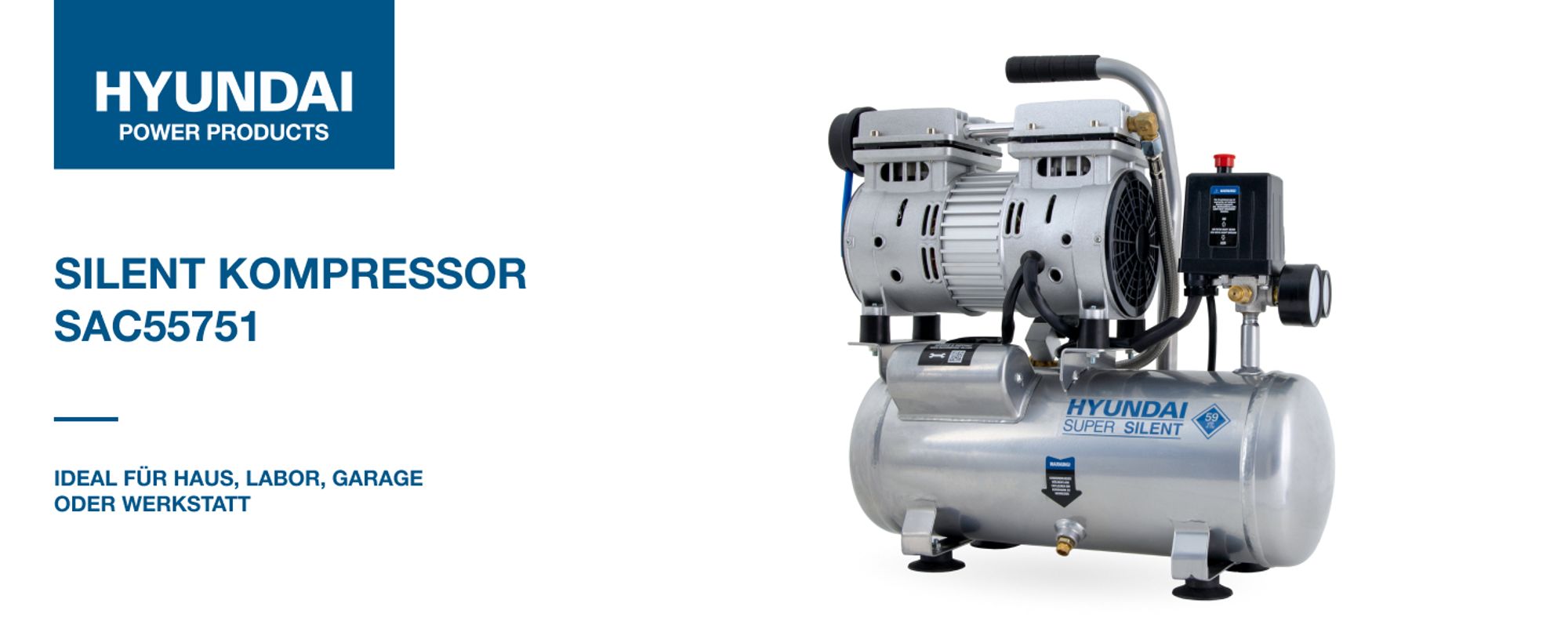 HYUNDAI Silent Kompressor SAC55751 (8 bar, 6L, tragbar, ÖLFREI, 59 dB, 550 W / 0.75 PS)