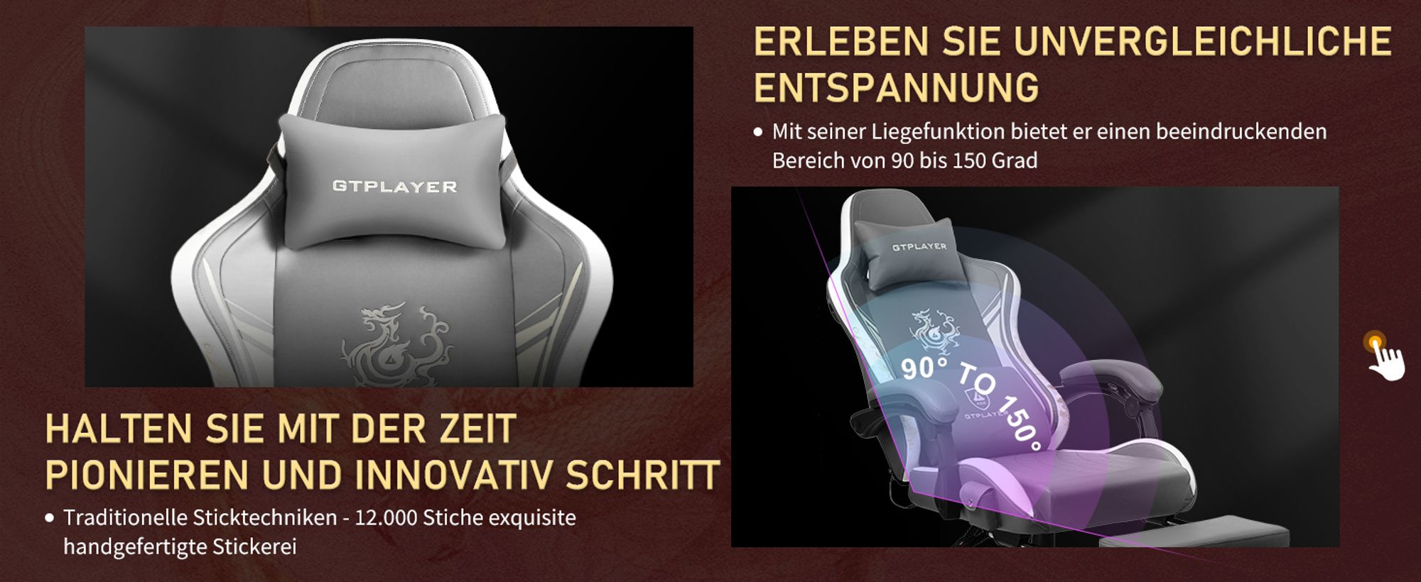 GTPLAYER Gaming Stuhl Gamer Stuhl mit Bluetooth-Lautsprechern und Fußstütze, Dragon Series Bürostuhl, Ergonomischer Drehsessel, Computerstuhl Grau