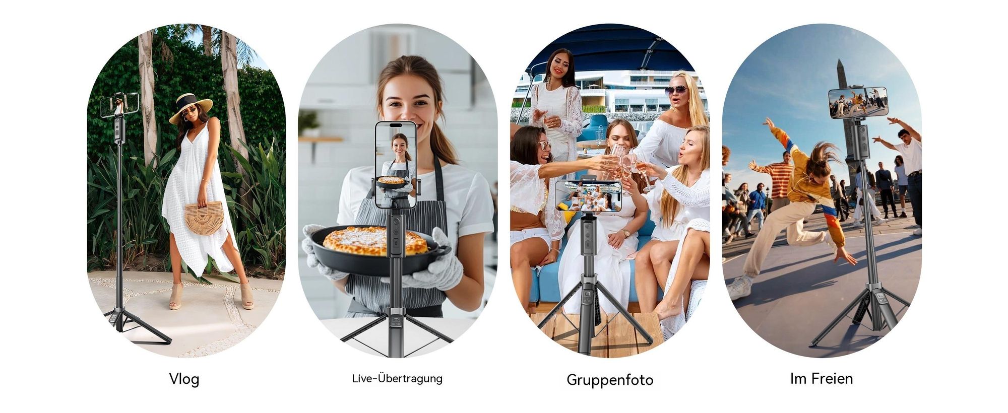 Auto-Tracking Handy Stativ mit Licht, 150cm 360° Selfie Stick mit Gesichtserkennung & Fernbedienung, 4-Bein Smartphone Stativ für Vlog, Schwarz