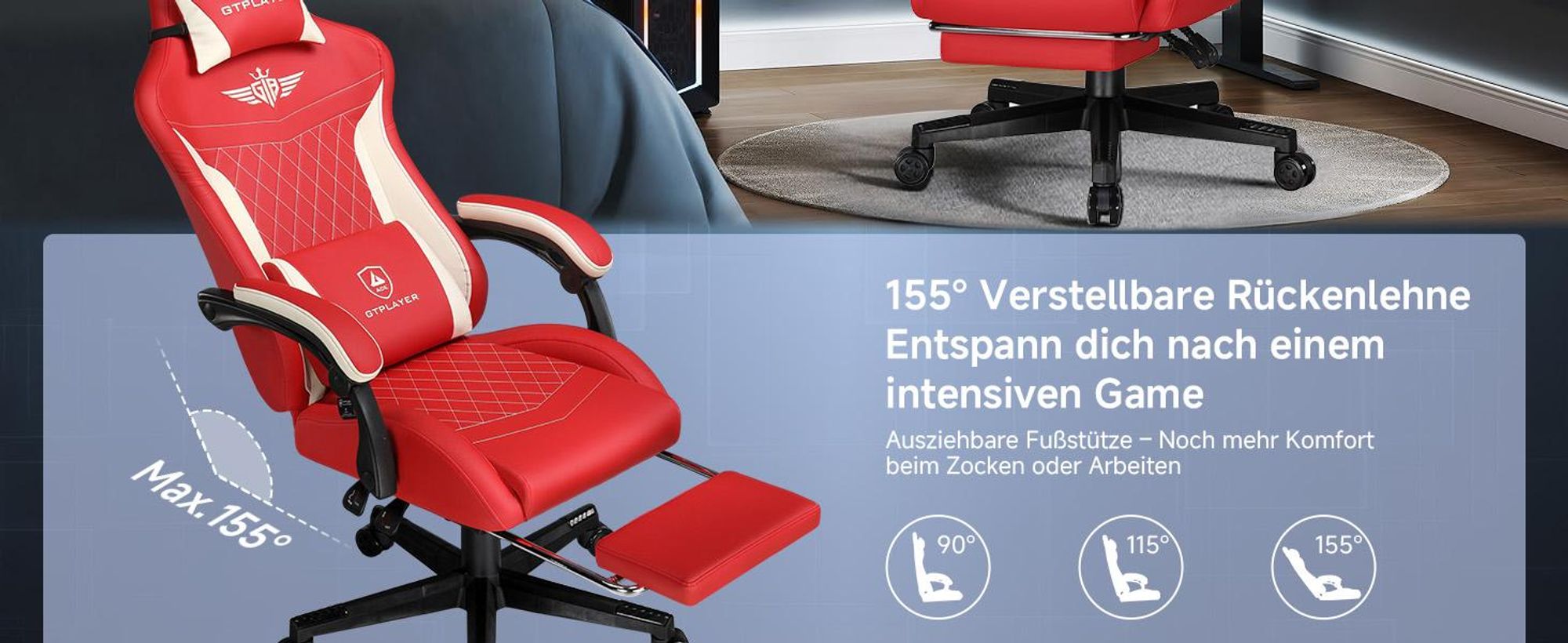 GTPLAYER Gaming Stuhl, Ergonomischer Gamer Stuhl aus Kunstleder mit Lendenwirbelstütze, PC-Stuhl mit verbreiterter Rückenlehne, Belastbar bis 150 kg, Ro