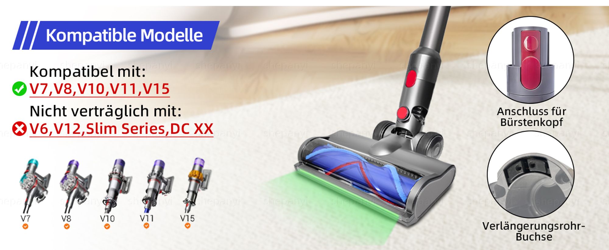 Bürste für Dyson V7 V8 V10 V11 V15 Staubsauger, Kopf-Ersatzteile mit grünen LED,Turbinenbürstenaufsatz für Teppiche, Hartholzböden und Fliesen