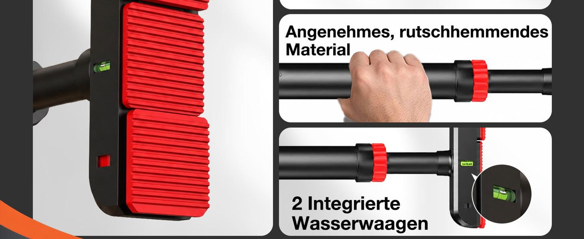 DH FitLife Klimmzugstange Türrahmen ohne Bohren, 72–92 cm, bis 200 kg, mit Wasserwaage, Doppelsicherung und Anti-Rutsch-Pads, Schwarz-Rot