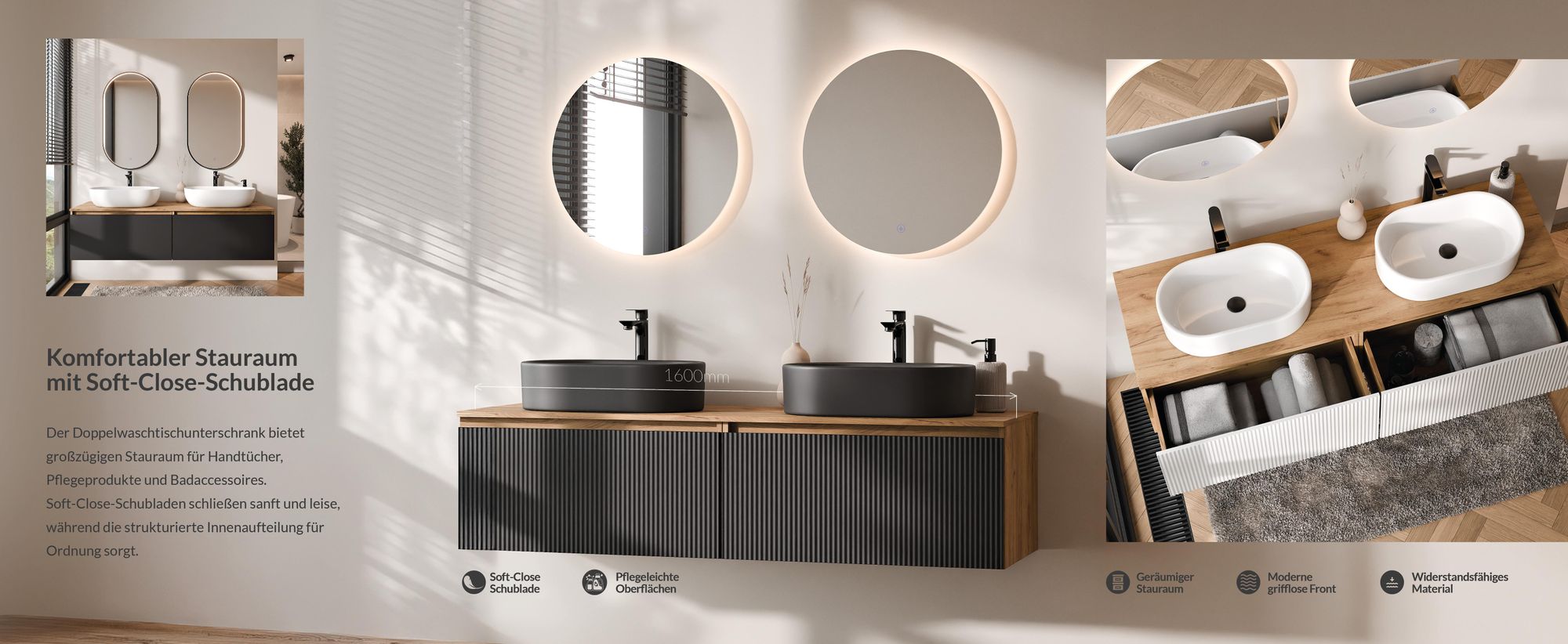 Planetmöbel Doppelwaschtisch ARISA 160 cm in Weiß Geriffelt mit 2 LED Spiegel VELUNA 60 cm und 2 weißen Keramik-Aufsatzwaschbecken 60 cm