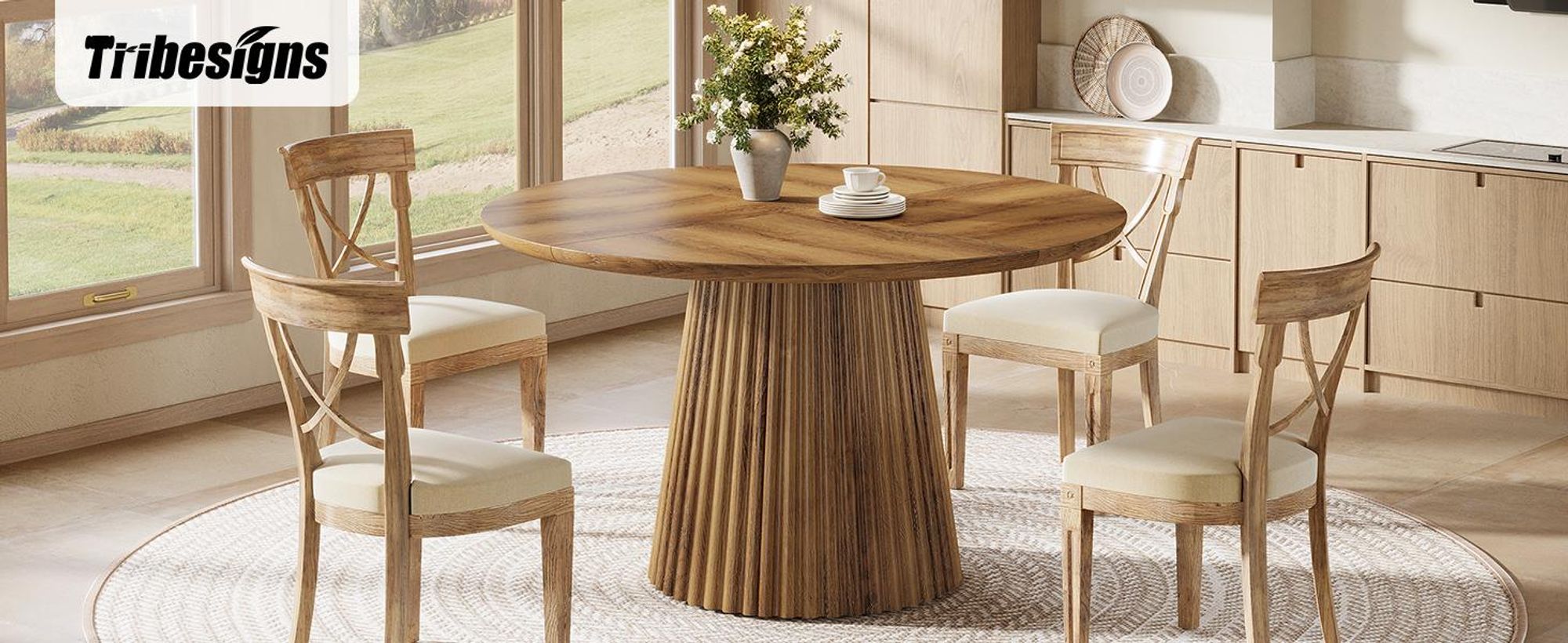 Tribesigns 120 cm Runder Esstisch für 4-6 Personen, Küchentisch im Landhausstil, Esszimmertisch aus Holz mit geriffeltem Sockel für Esszimmer, Küche