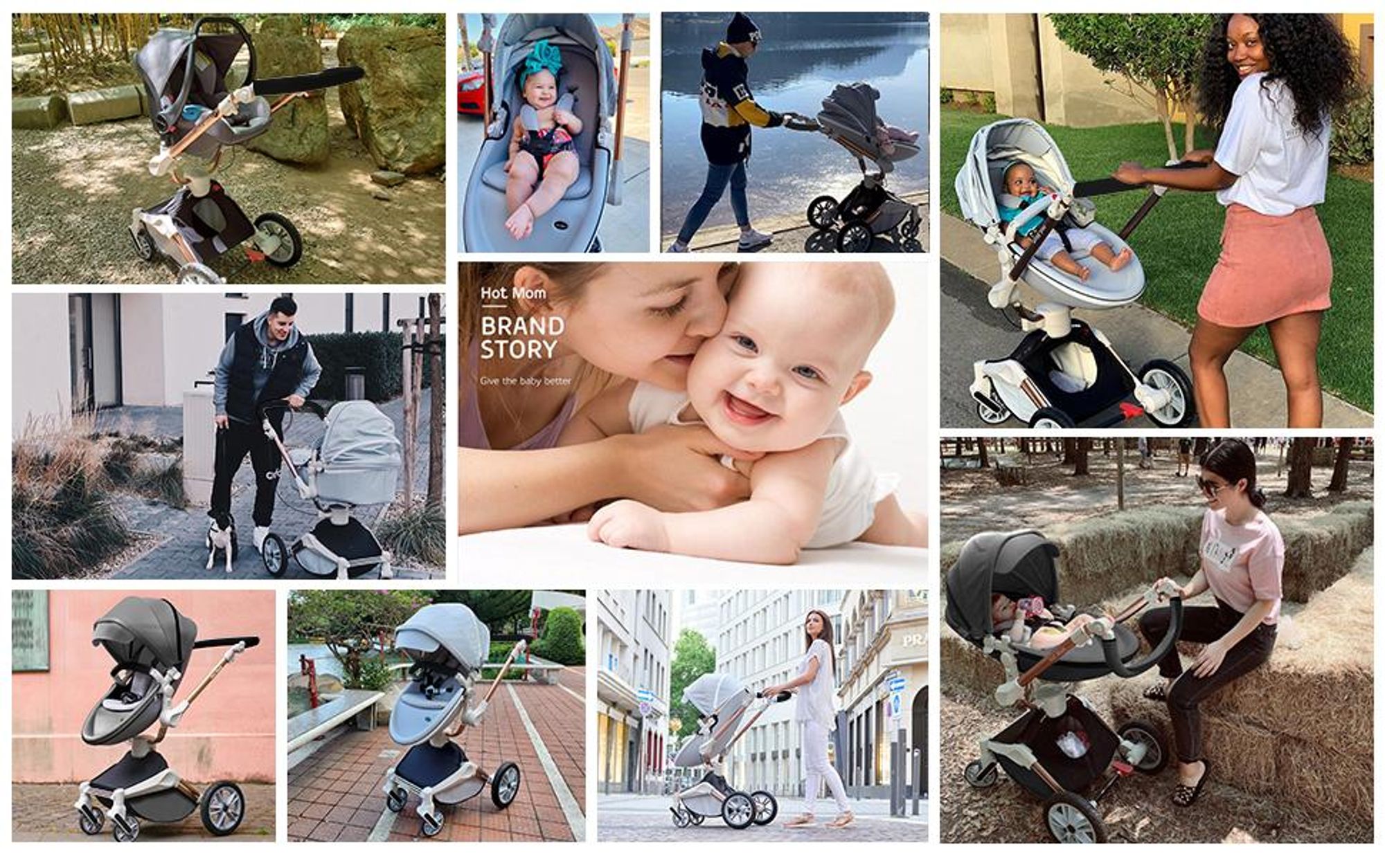 Hot Mom 360 Drehbar Kinderwagen 2in1 Kombikinderwagen mit 360° Drehfunktion in Grau, F023 inkl. Babywanne/Sportwagen/Gummireifen/PU Leader Sitz, 2025