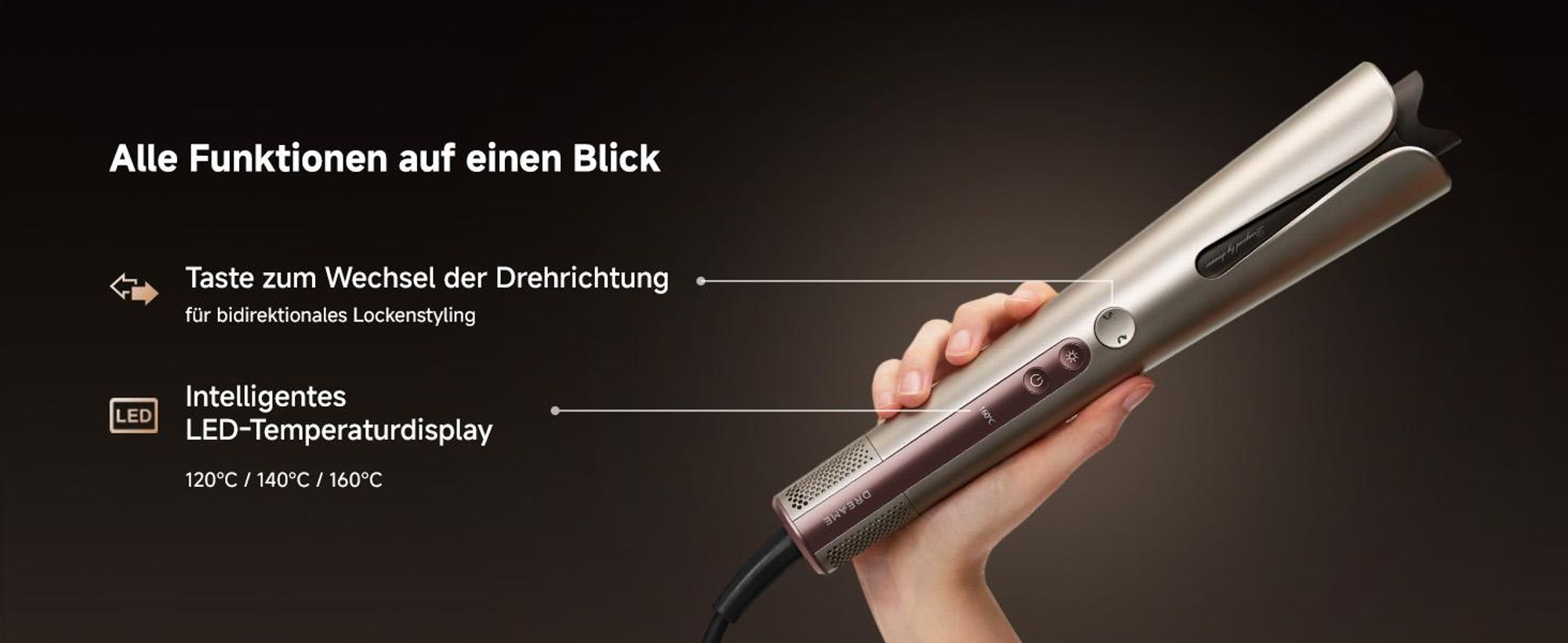 DREAME Air-Auto One-Touch Lockenstab,MCH-Heizsystem,360°-Lockenfunktion,LED,NTC-Temperaturregelung,3 Heizstufen,Verwicklungsschutz,2,8m Länge,Gold