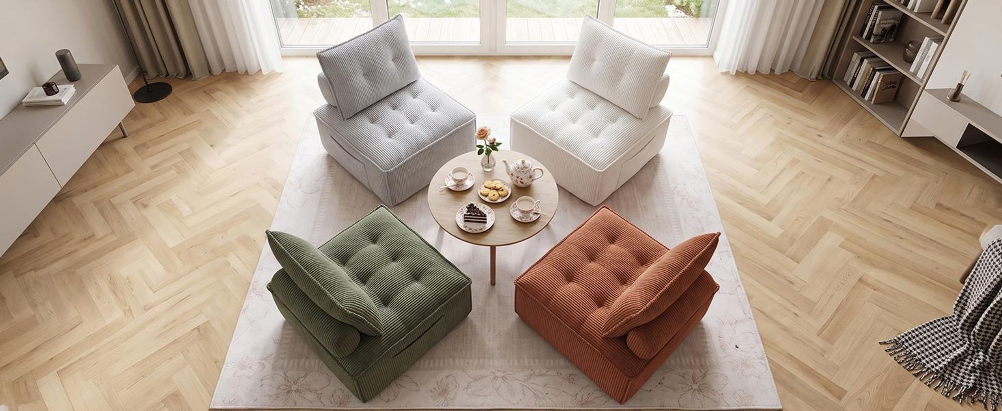 Modularer Loungesessel für Wohnz, Bodensessel aus Cord 84 × 84 cm, 2-in-1 als Sessel oder Hocker, mit Rückenkissen und Seitentasche, ohne Montage