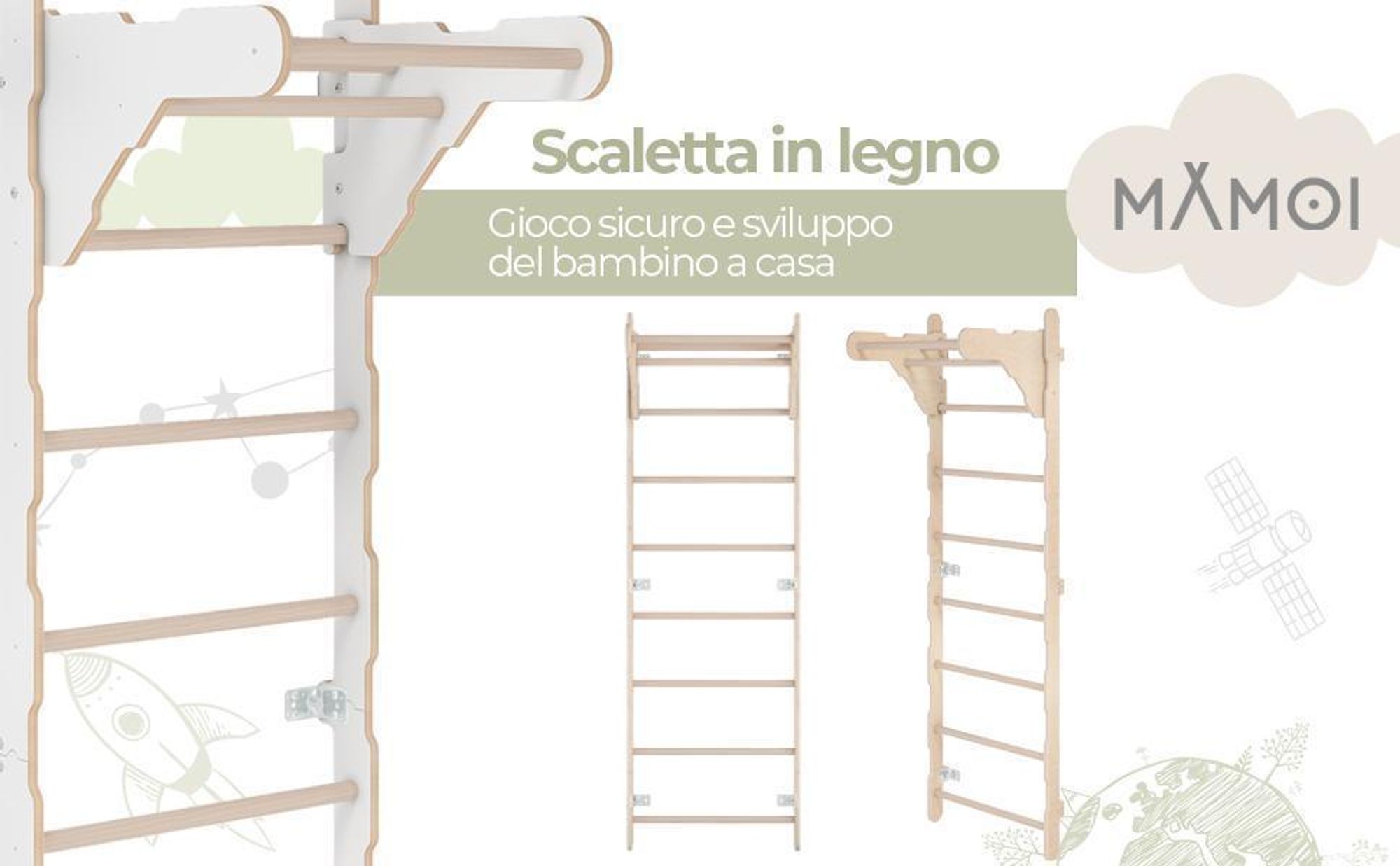 Scala da ginnastica per bambini (210 cm) | Scala da parete in legno | Struttura da arrampicata per bambini | Ruote da ginnastica | Materassino protett