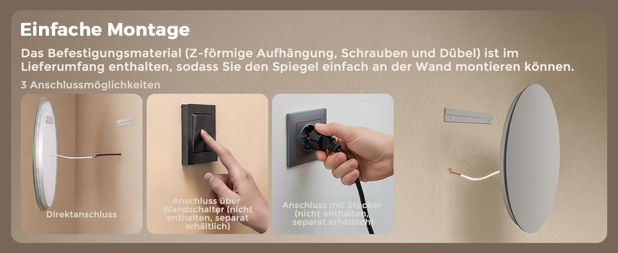 Badspiegel mit Beleuchtung Rund 80 cm, S'AFIELINA LED Spiegel, dimmbar, 3 Lichtfarben, Antibeschlag, Touch, Speicherfunktion, IP65,wasserdicht für Bad