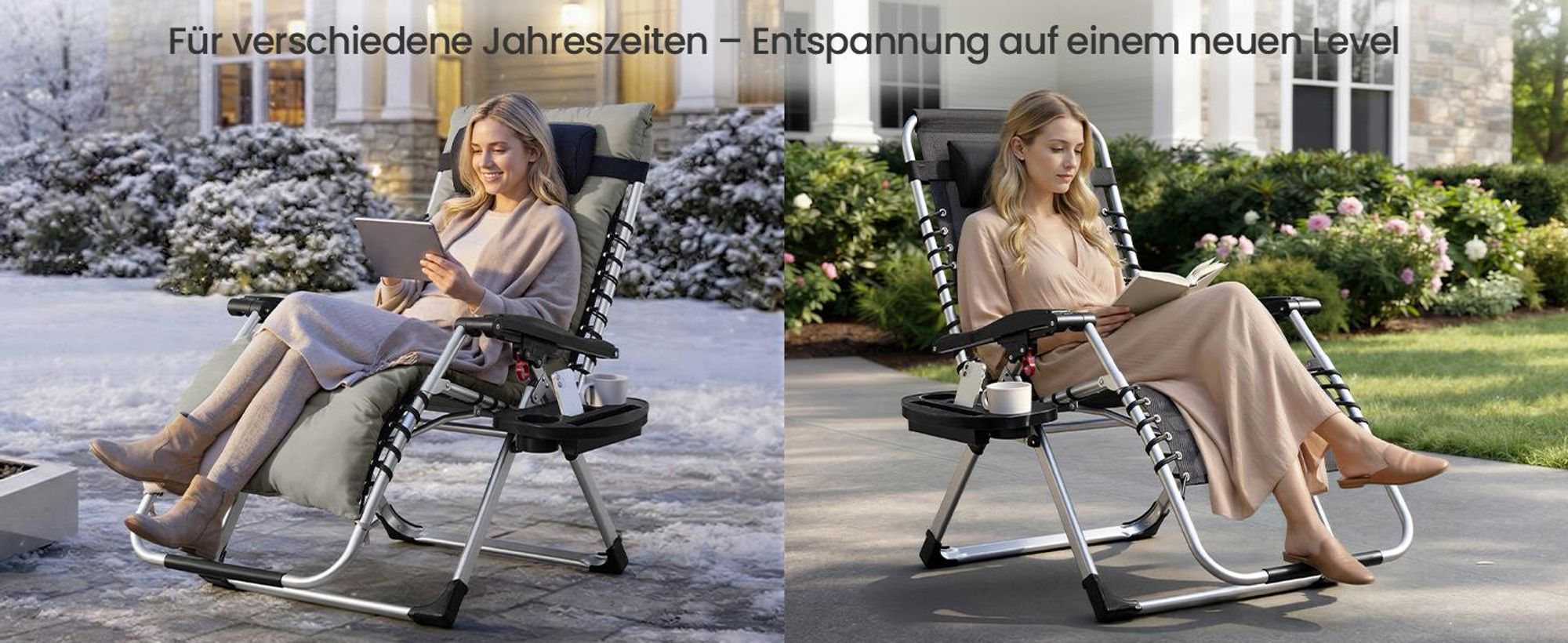 SONGMICS Klappbare Relaxliege mit Stahlrahmen, abnehmbarem Kissen, Liegestuhl für Garten und Balkon, Tasche, Tablett, hellgrau