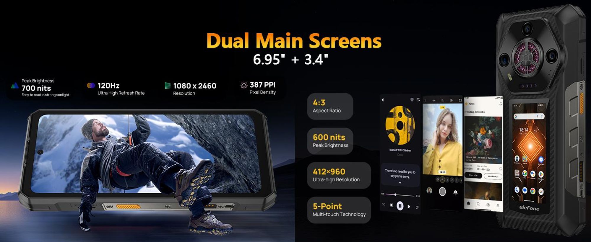 6,95 Zoll FHD+ Hauptbildschirm und einen Sekundärbildschirm mit 3,4 Zoll Touchscreen