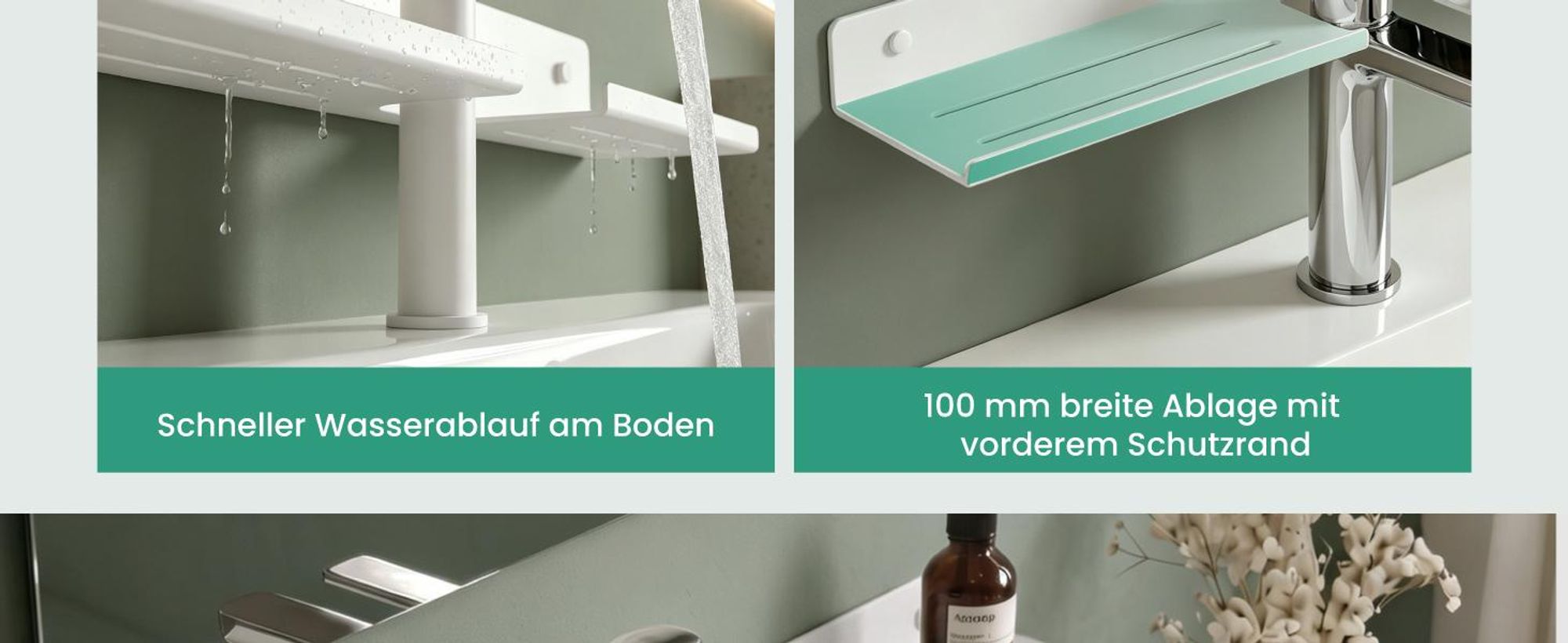 Mai & Mai Duschregal zum Bohren oder Kleben, Waschbeckenregal über Wasserhahn, Wandregal für Küche und Bad, Badezimmer Organizer Sandweiß 60cm Reglo-17