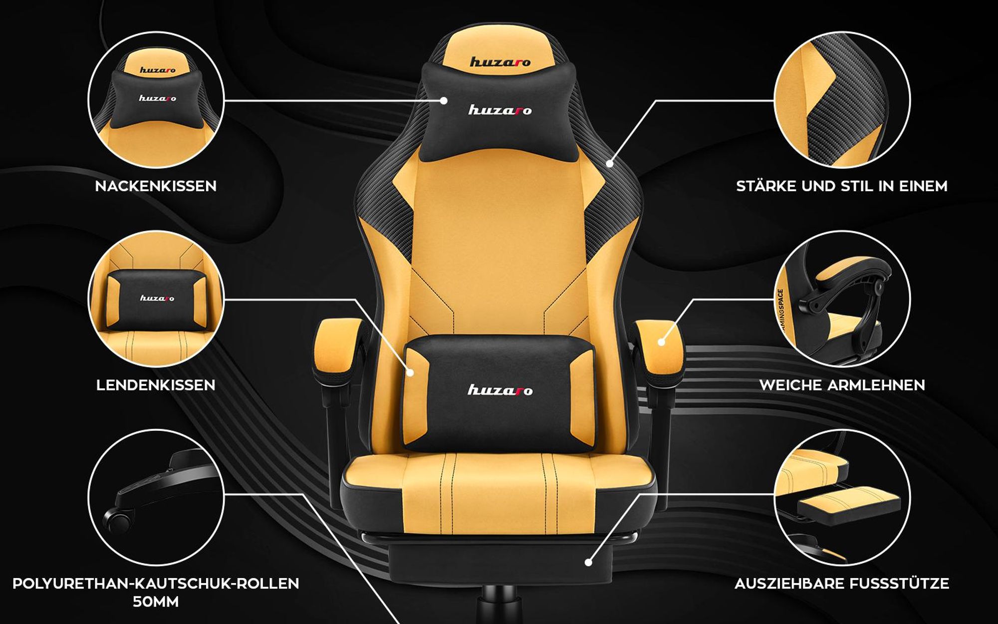 Huzaro Force 3.7 Yellow Gaming-Stuhl mit ergonomischem Design, verstellbarem Armlehnen und hochbelastbarem Stoff