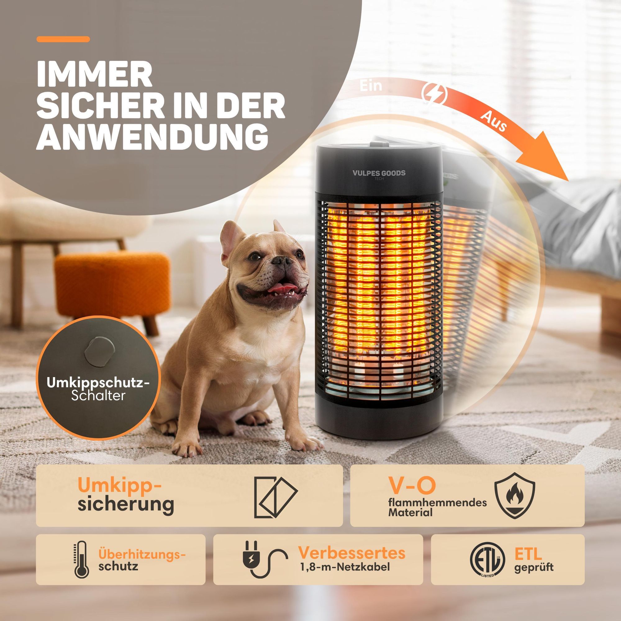 Infrarot Heizstrahler elektrisch mit 600 W & 1200 W Stufe, Innen / draußen geeignet- Terrassenheizer - elektrischer Infrarotstrahler, Infrarotheizung