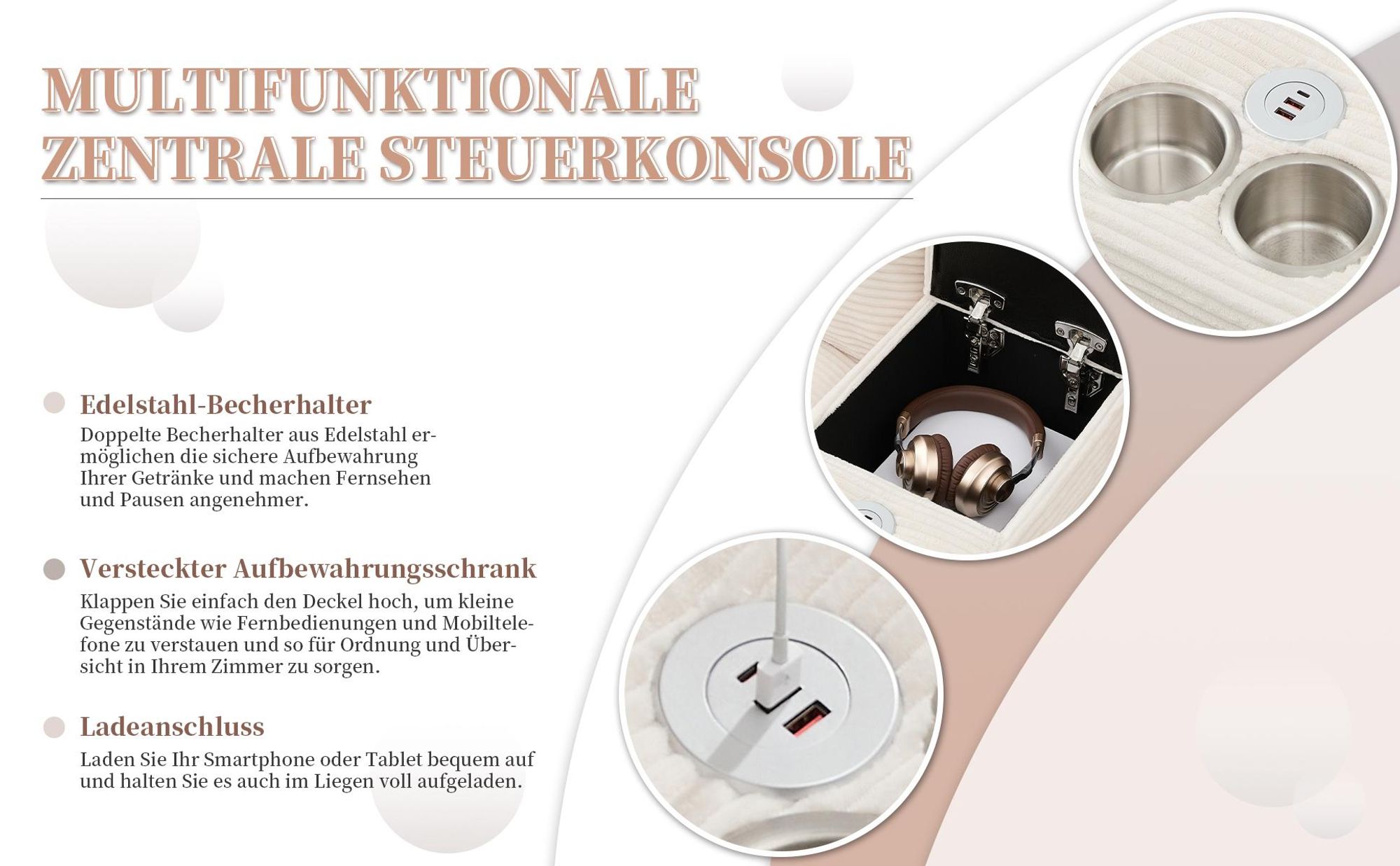 Merax 4-Sitzer U-förmiges Ecksofa, mit Bettkasten, Stauraum, Getränkehaltern, USB, Kissen, Modulares Sofa, Cordbezug, Couch, Couchgarnitur, Grau