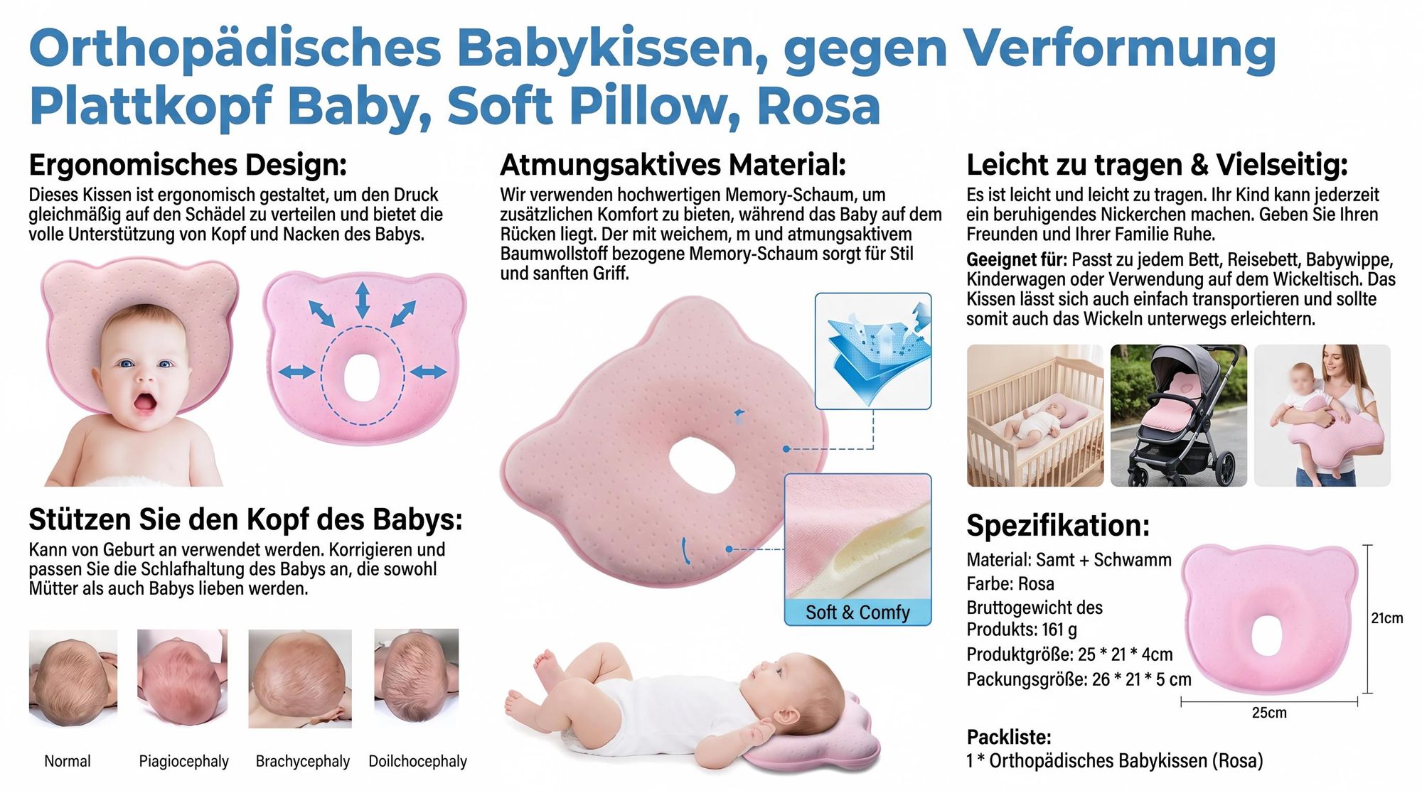 Orthopädisches Babykissen, gegen Verformung Plattkopf Baby, Soft Pillow, Rosa