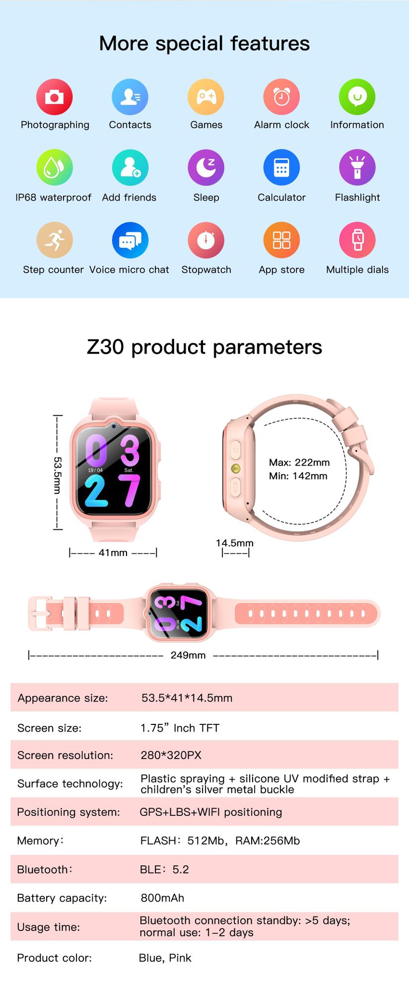 Z30 4G  Wasserdichtes Kinder SmartWatch mit GPS+LBS+WiFi SOS-Kamera-Armbanduhr, 800 mHA für Kinder Mädchen Jungen Ab 3 Jahre Touchscreen