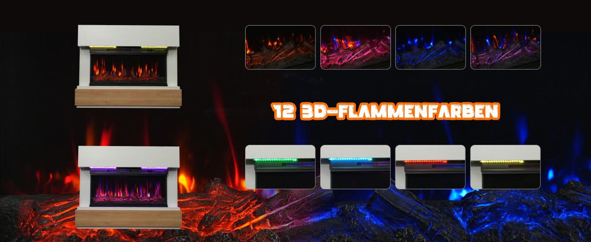 HOMAVO 36-Zoll Elektrokamin mit Heizung - 1000 / 2000W - Stand / Einbaukamin - 3D Flammenfarben - LED & Timer - inklusive Schrank