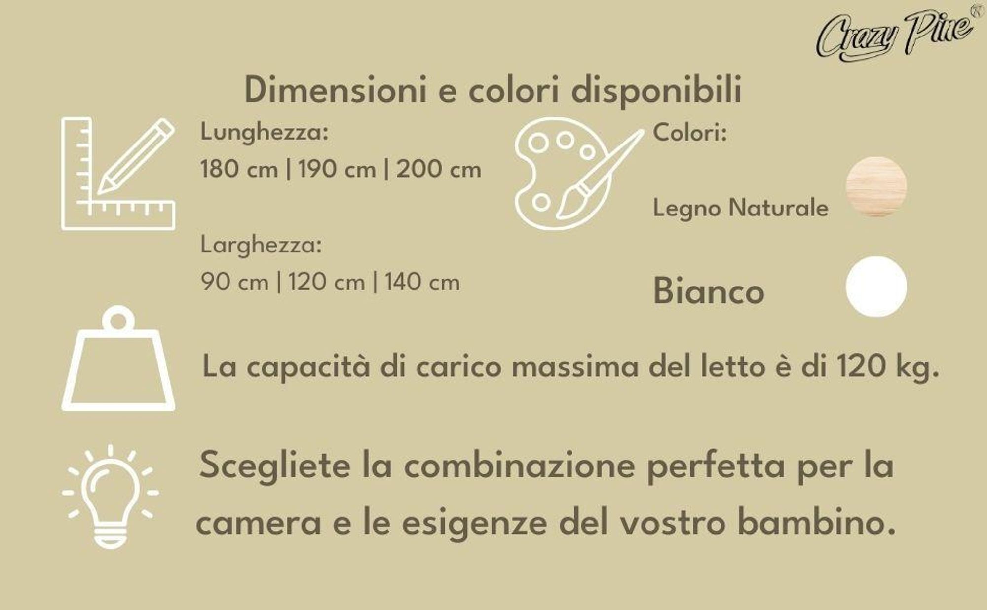 Crazy Pine Letto Alto per bambini 90x190 cm – Letto Montessori in legno massiccio con protezione anticaduta e spazio libero sotto – Crazy Basic