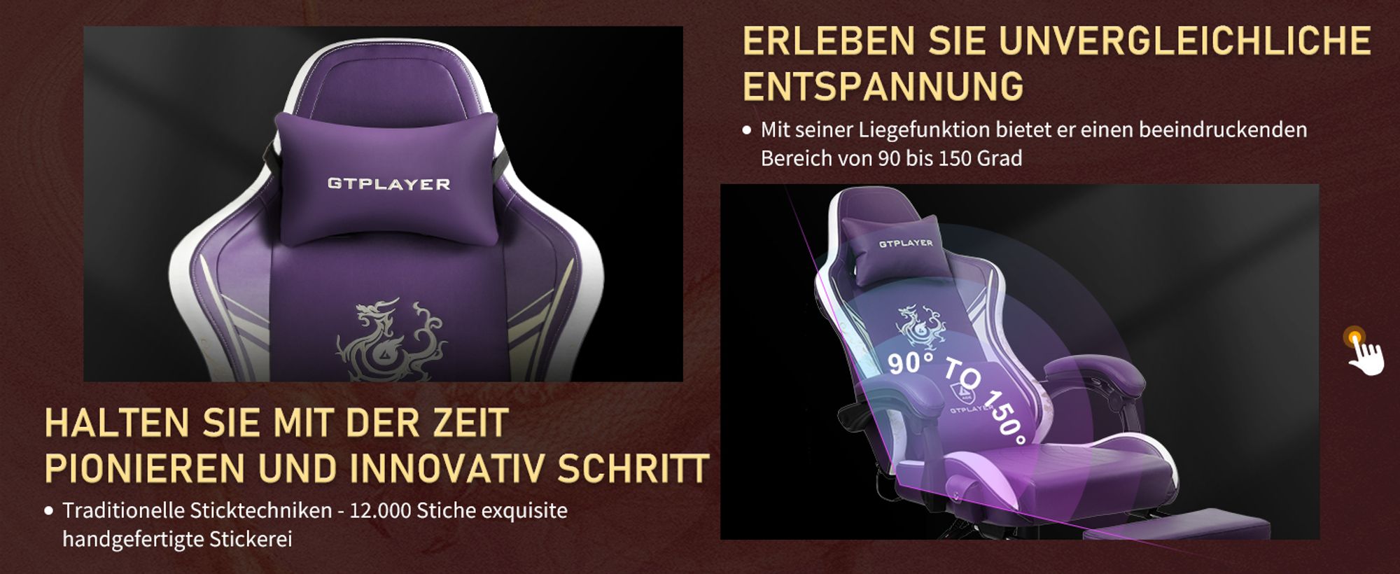GTPLAYER Gaming Stuhl Gamer Stuhl mit Bluetooth-Lautsprechern und Fußstütze, Dragon Series Bürostuhl, Ergonomischer Drehsessel, Computerstuhl Violett