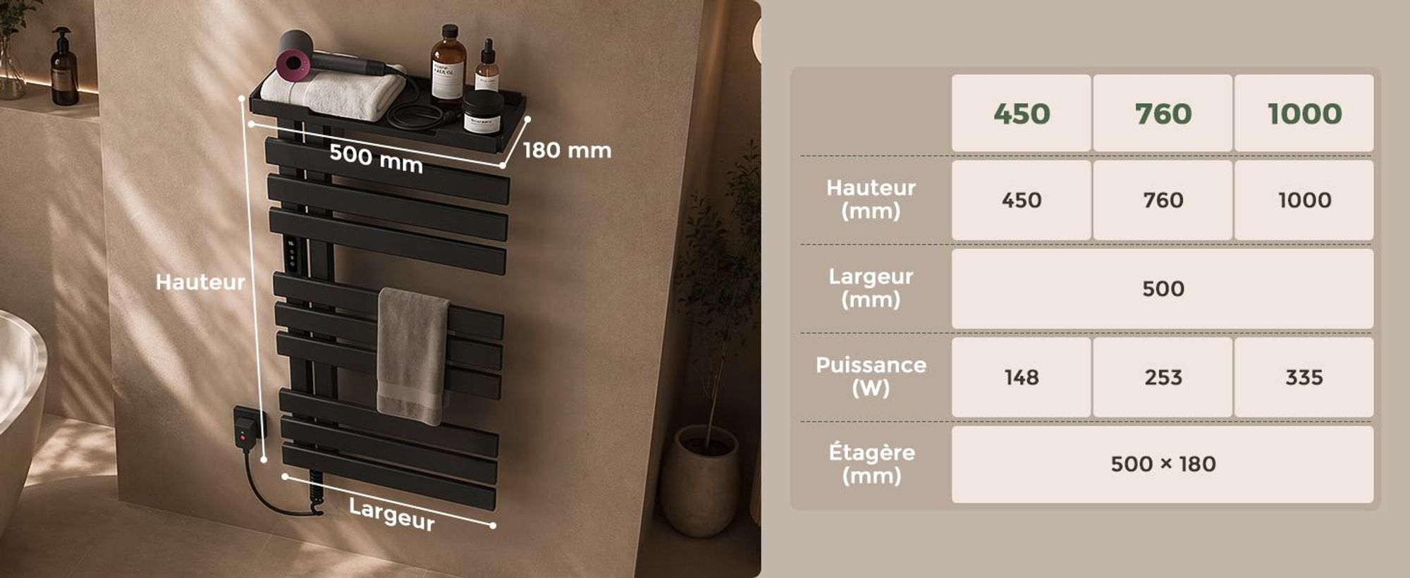 S'AFIELINA Sèche-serviettes électrique avec étagère  1050×500 mm 335 W Noir,Radiateur sèche-serviettes connecté WiFi, chauffage en fibre de carbone