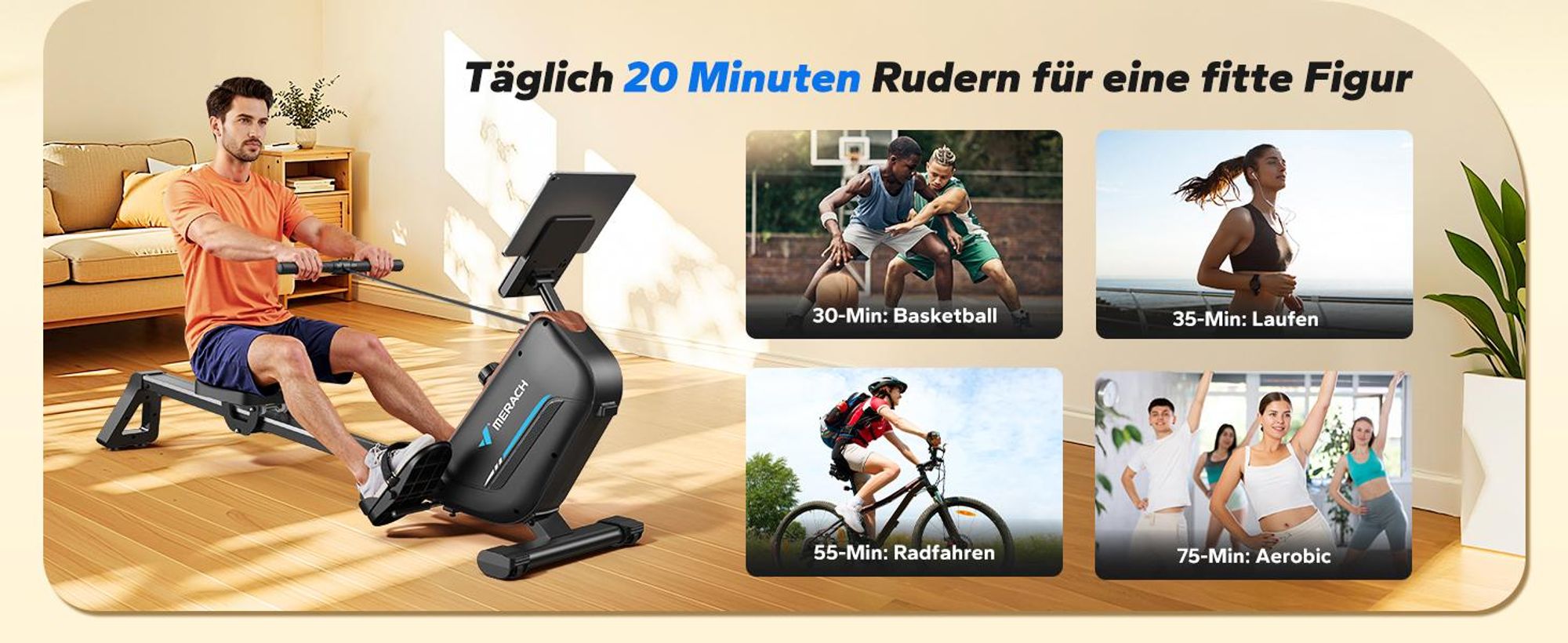 MERACH klappbares Rudergerät für Zuhause – leise magnetisch, 16 Stufen, LCD-Display, Bluetooth & Kinomap, Tablet- & Flaschenhalter, bis 158 kg