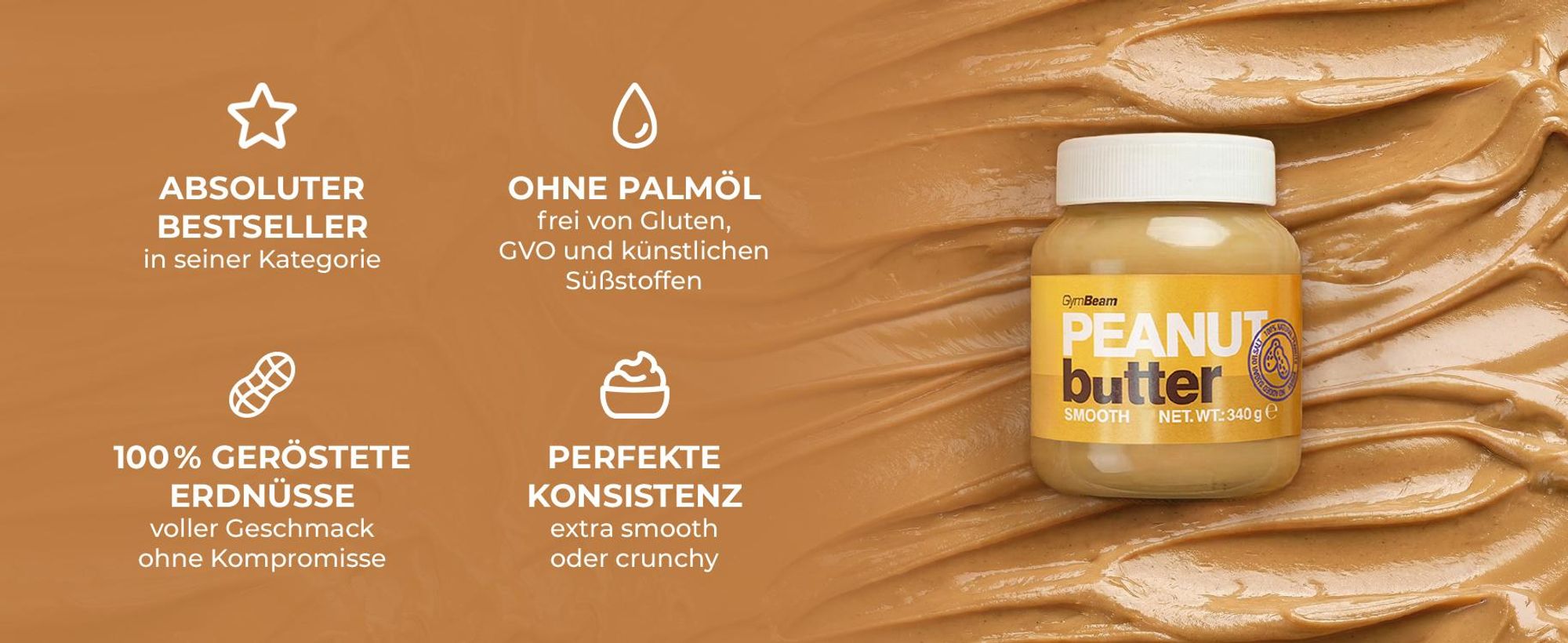 GymBeam Natürliche Erdnussbutter - Hoher Proteingehalt, vegane Protein- und Fettquelle, ohne Zucker und Palmöl (340 g, Smooth)