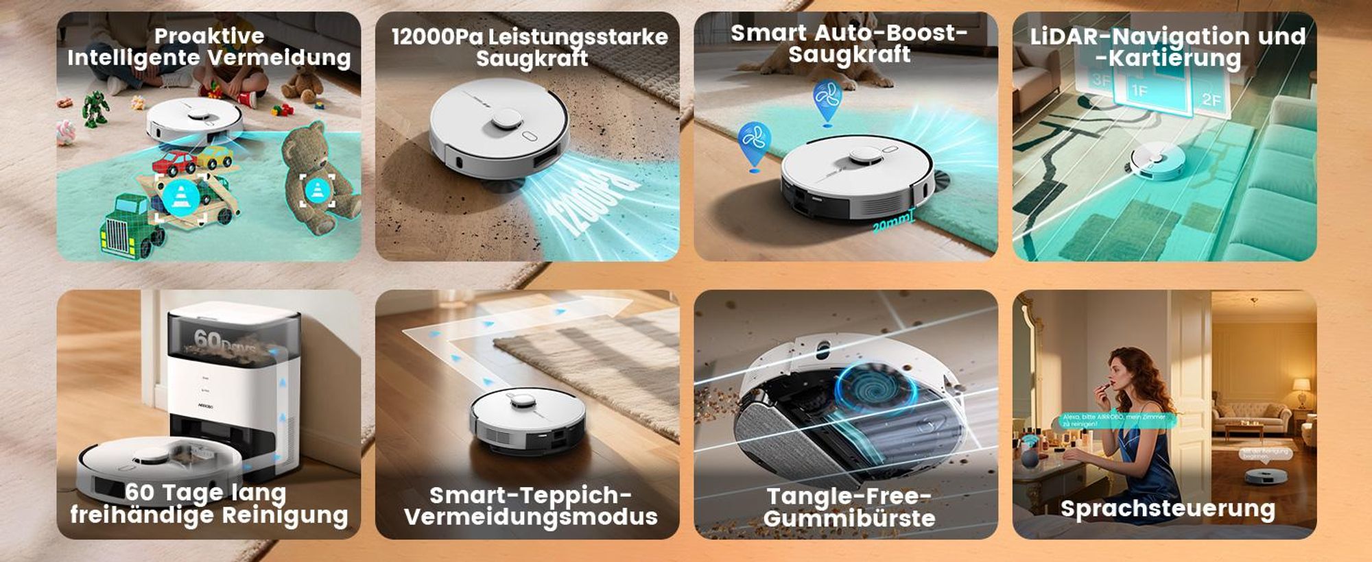 AIRROBO L60+ Staubsauger Roboter Saugroboter mit Wischfunktion, Auto-Staubentleerung, LiDAR-Navigation, 12000Pa, für Teppiche und Tierhaare