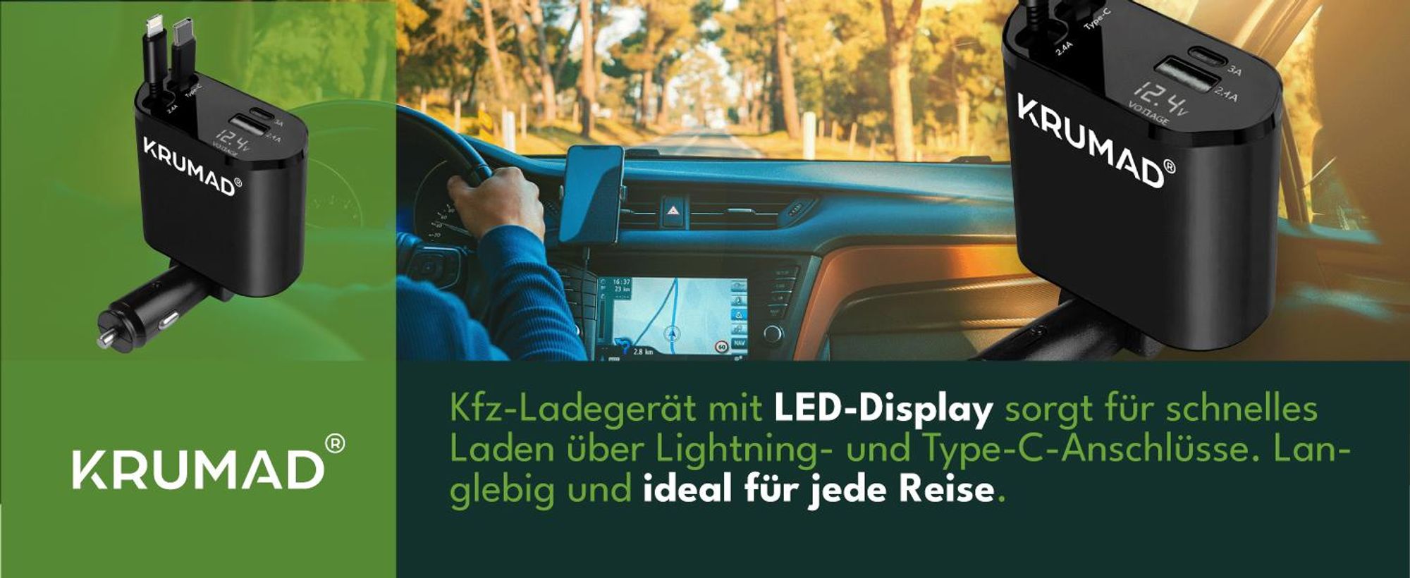 KRUMAD USB-C Autoladegerät 120 W – Zigarettenanzünder 12–24 V mit 2 integrierten Kabeln (USB-C & Lightning), USB-A/USB-C Ports & LED-Anzeige
