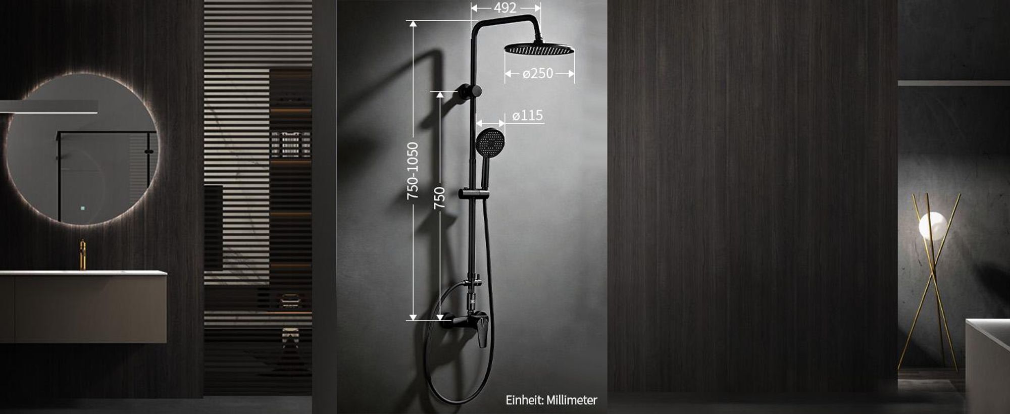 Homelody Duschsystem mit armatur, duscharmatur komplettset mit LED-Anzeige, regendusche mit 250MM kopfbrause und Handbrause, Schwarz