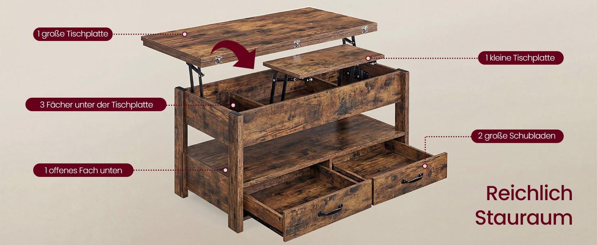 VASAGLE Couchtisch, Wohnzimmertisch, Gaszylinder, höhenverstellbar, viel Stauraum, Kaffeetisch, für Wohnzimmer, vintagebraun