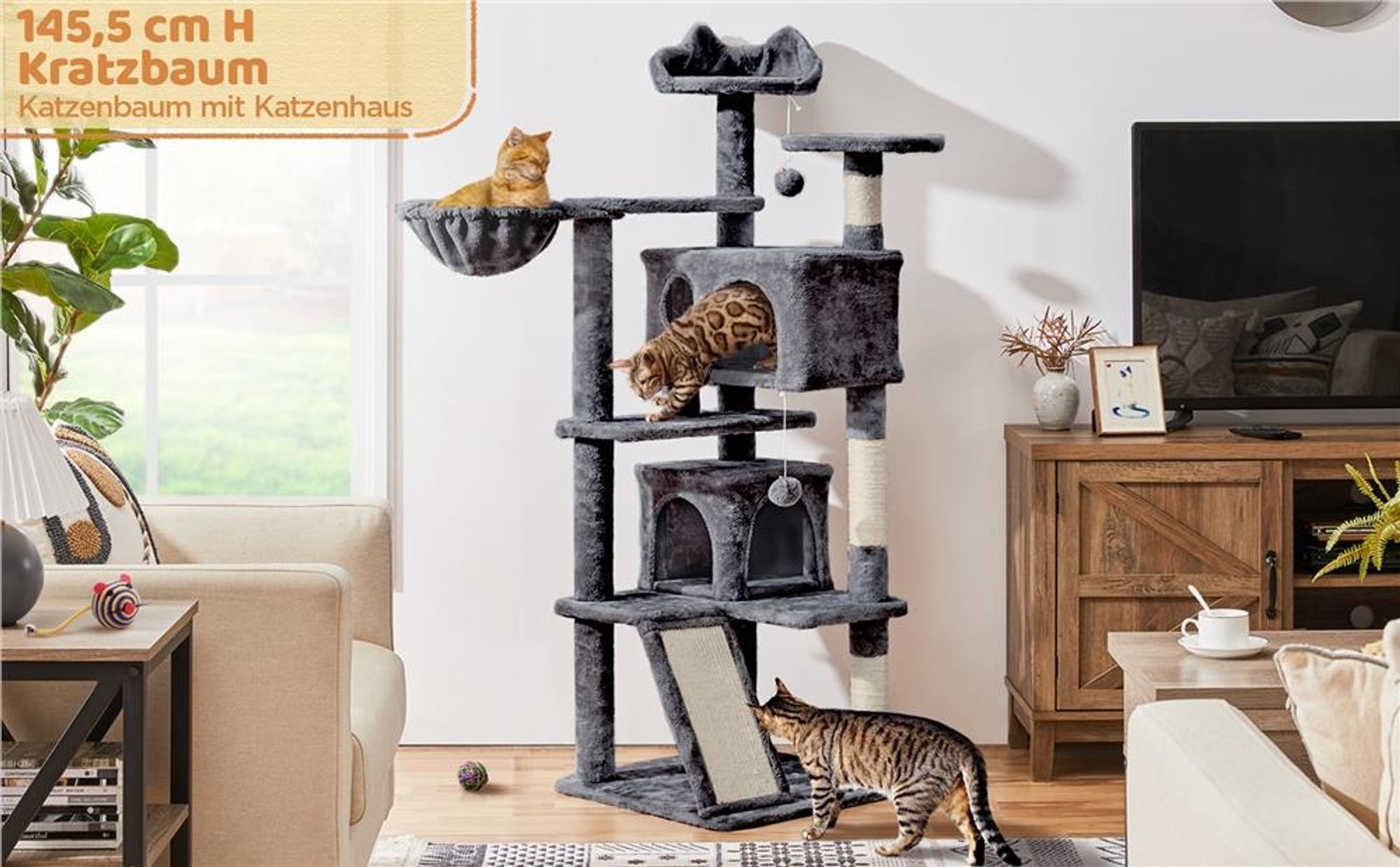 Yaheetech Kratzbaum 146 cm Katzenbaum mit 2 Katzenhöhlen & 3 Aussichtsplattformen, Schwarz