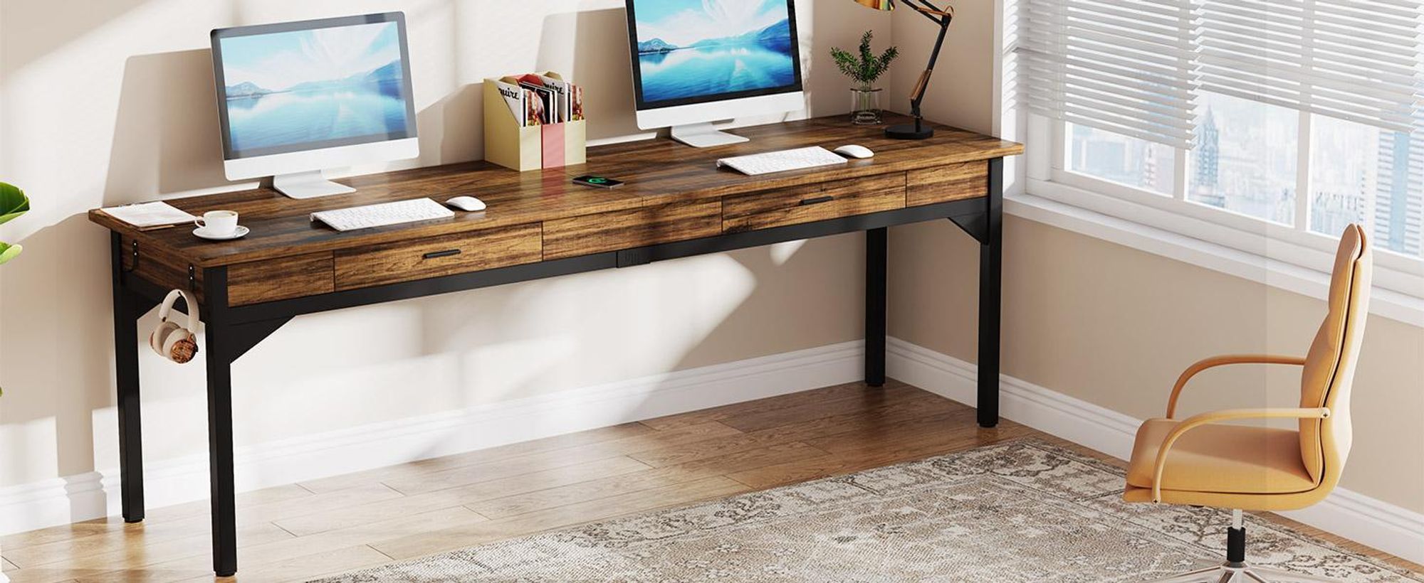 Tribesigns Bureau, computerbureau, 200 x 60 x 82 cm, dubbel bureau met 2 lades, computerbureau, kantoorbureau, werkplek, eettafel, bruin