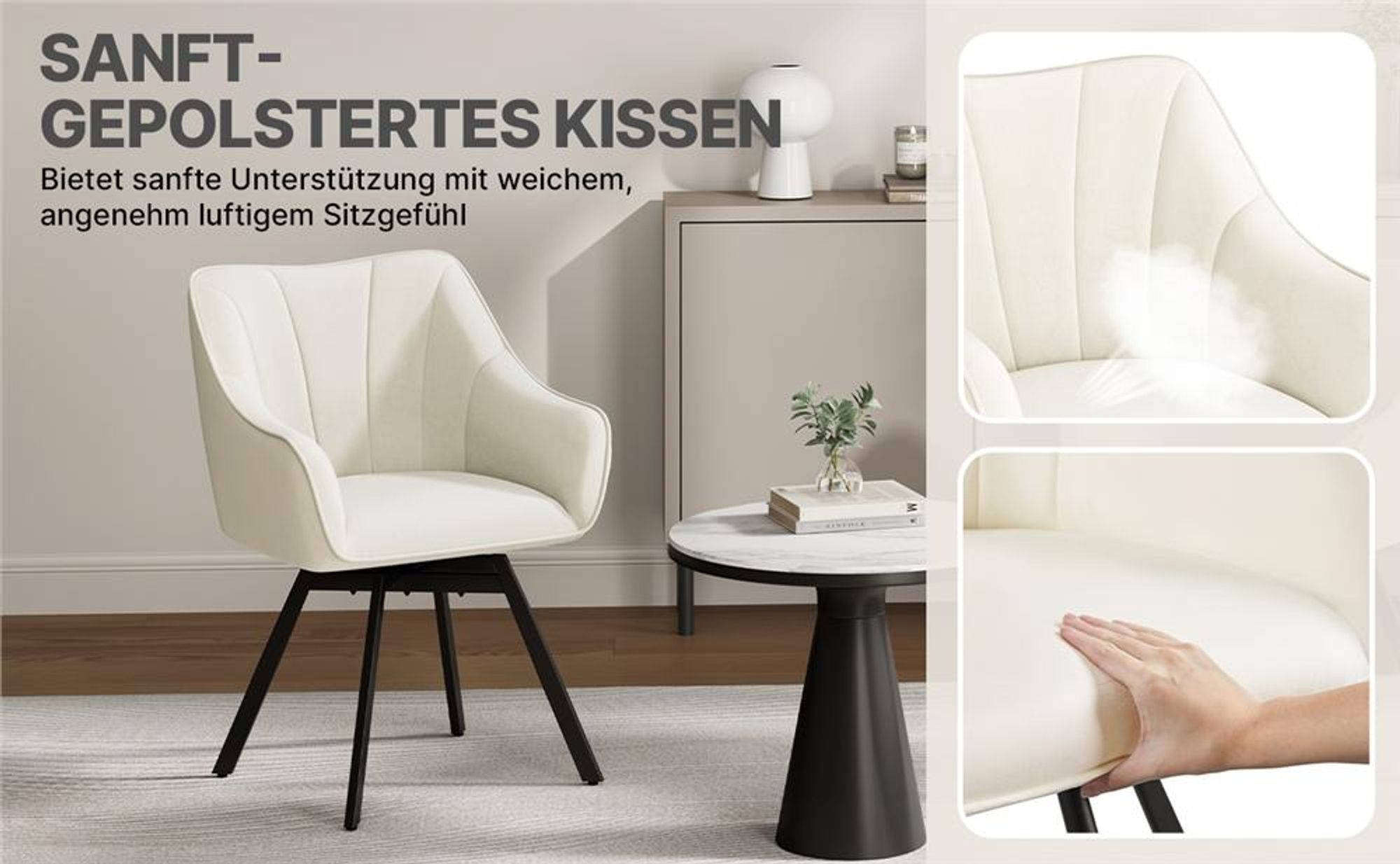 Yaheetech Esszimmerstuhl mit Armlehnen & Rückenlehne, 360° drehbarer Küchenstuhl, samtiger Sessel aus Metallgestell, Beige