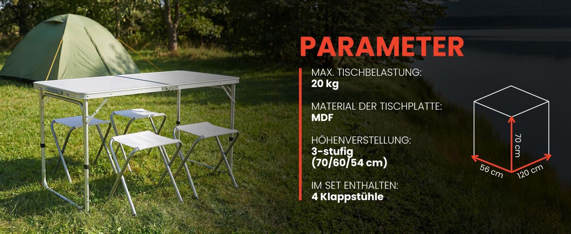 Campingtisch Klapptisch im Koffer mit 4 Stühle Aluminium 3 Stufen