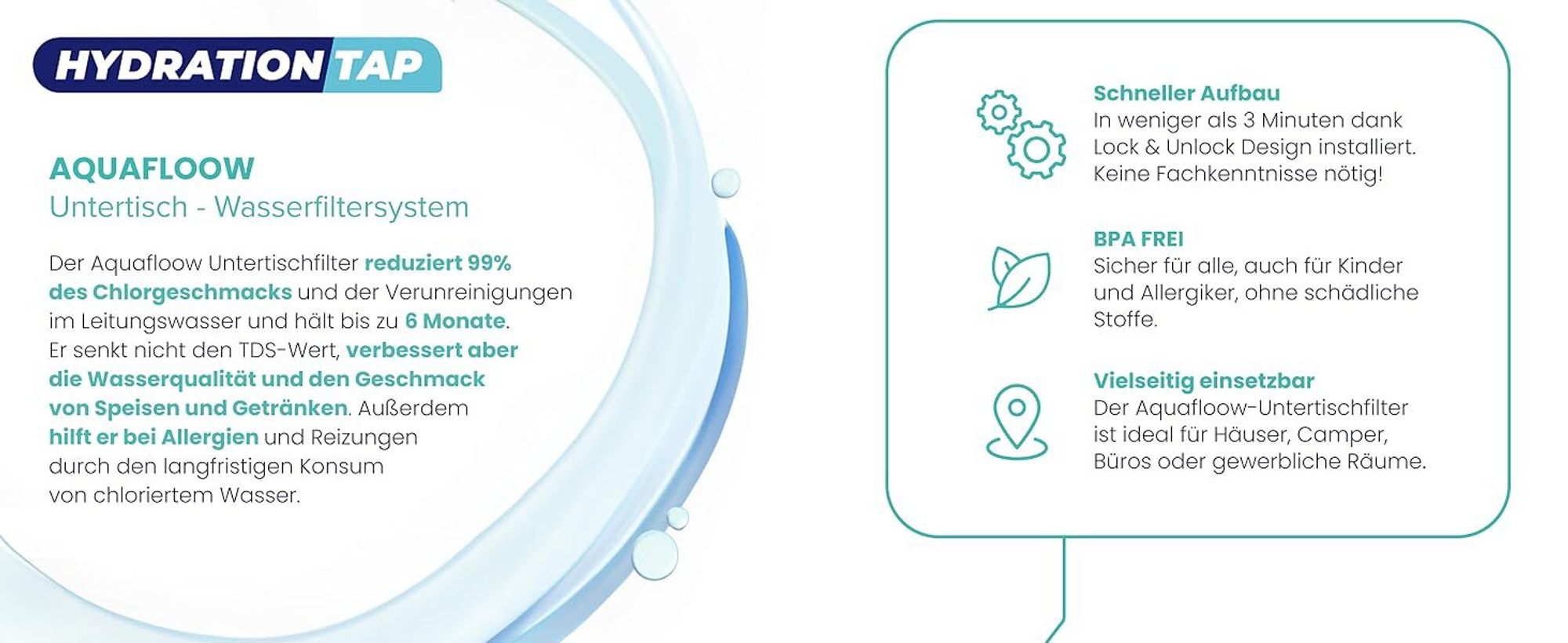 AquaFloow Untertisch Wasserfilter Aktivkohle Trinkwasserfilter Küchenfilter 12–18 Monate