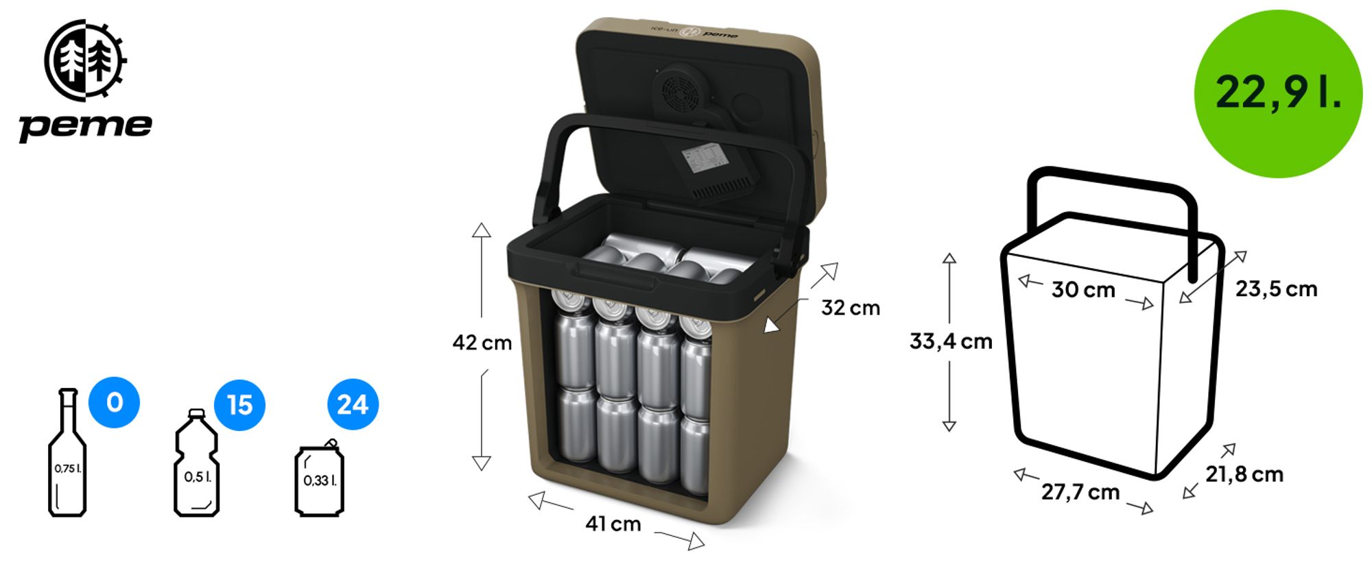 PEME Essential 23L Elektrische Kühlbox - Thermoelektrische Kühltasche Auto PKW LKW Camping Reise Mini Kühlschrank Warmhaltebox Outdoor Khaki Tragbar
