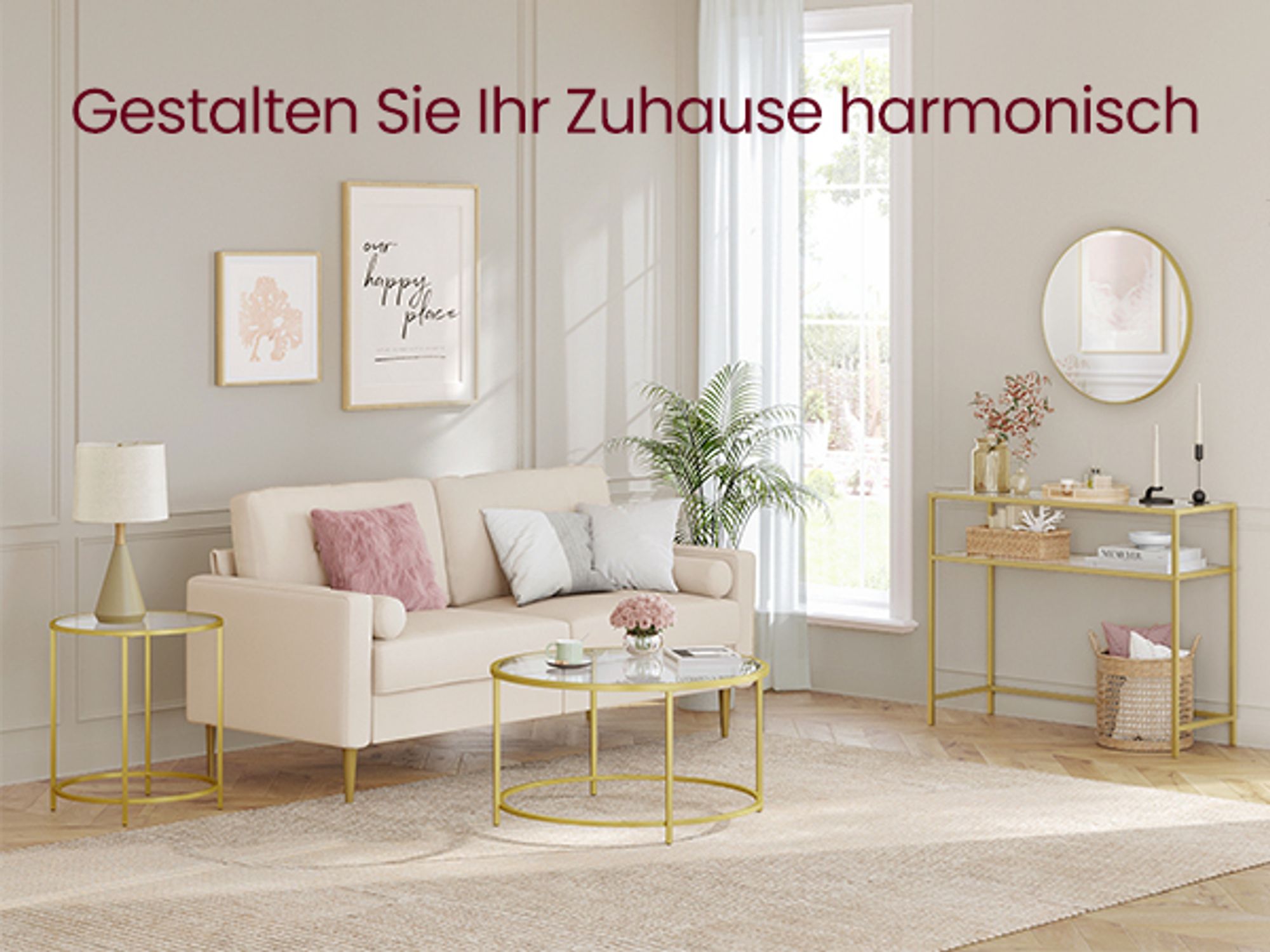 Ein flauschiger Teppich, eine große Couch und daneben dieser goldfarbene Beistelltisch