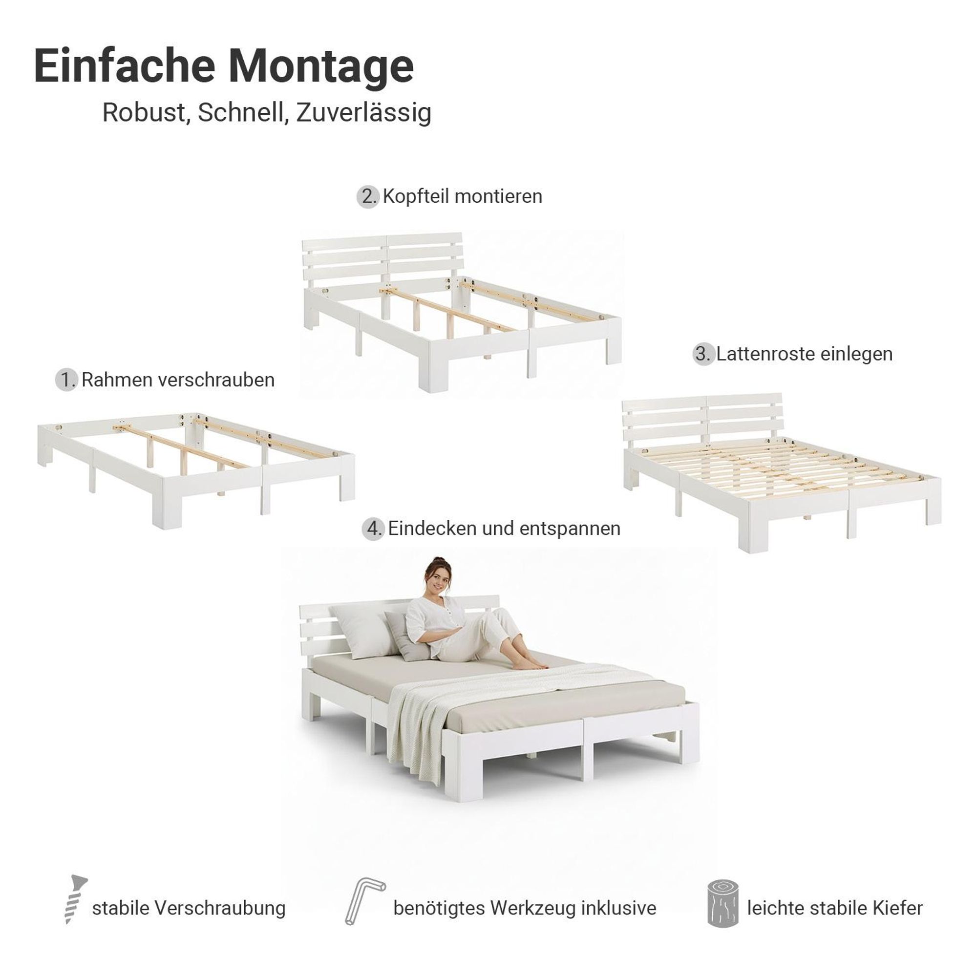Homestyle4u Holzbett 180x200 Doppelbett mit Lattenrost Weiss Kiefer Massivholz
