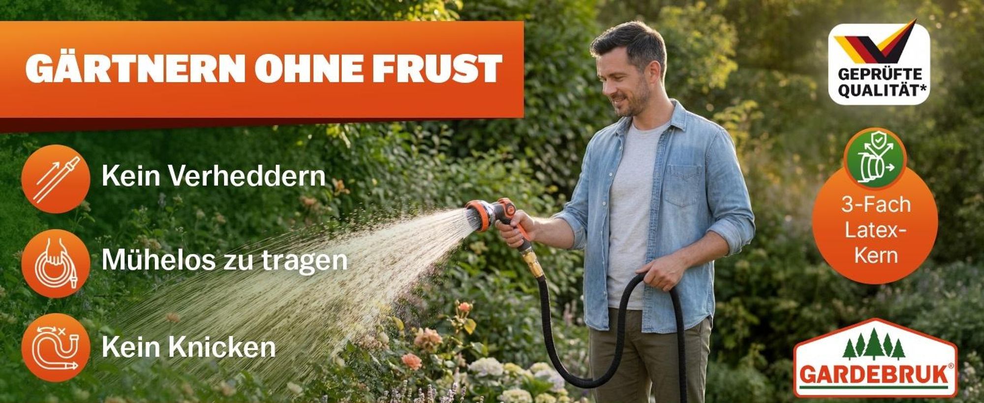 GARDEBRUK® Flexibler Gartenschlauch 22m 3fach Latexkern Vollmessing Adapter 1/2" 3/4" Zoll Wandhalterung Tasche Flexschlauch Wasserschlauch Schwarz